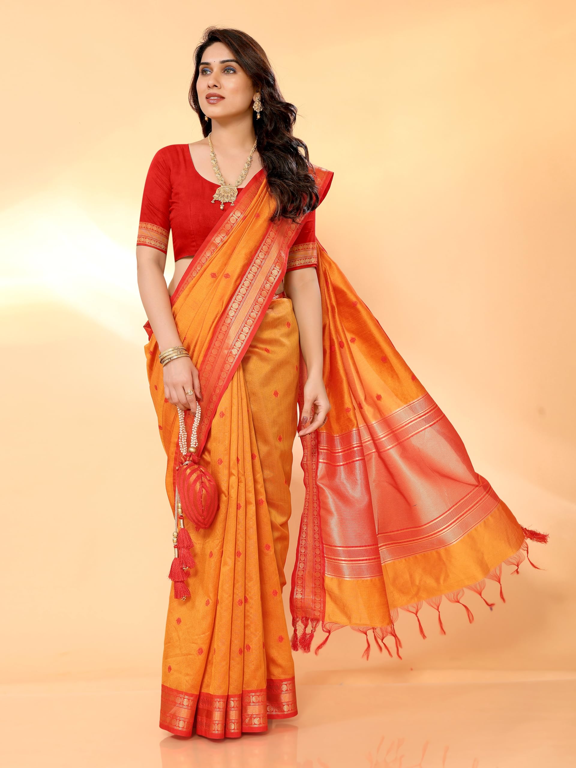 Sidhidata Women's Cotton Silk Jacquard Saree - Kalyani Orange - Image 2