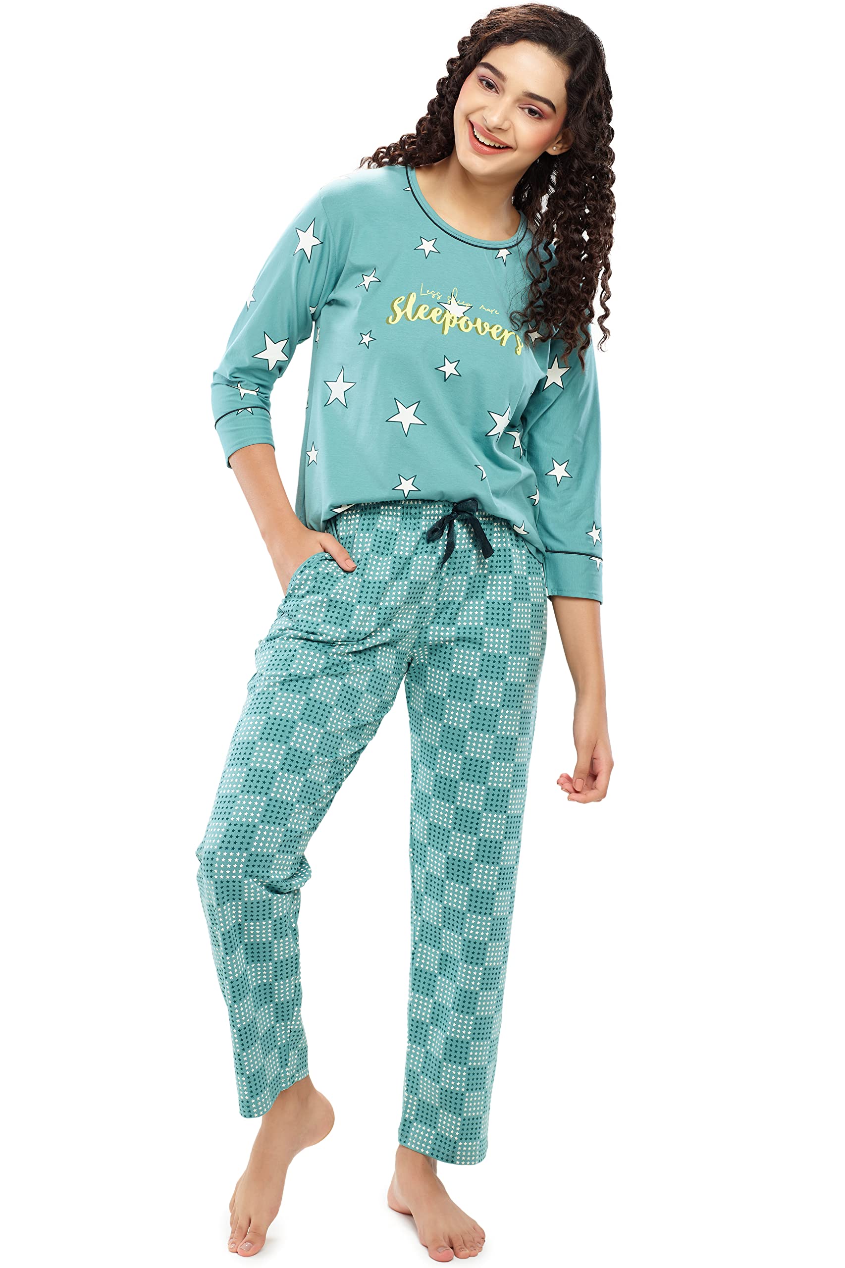 ZEYO Women's Cotton Star Printed Night Suit - Green - Image 5