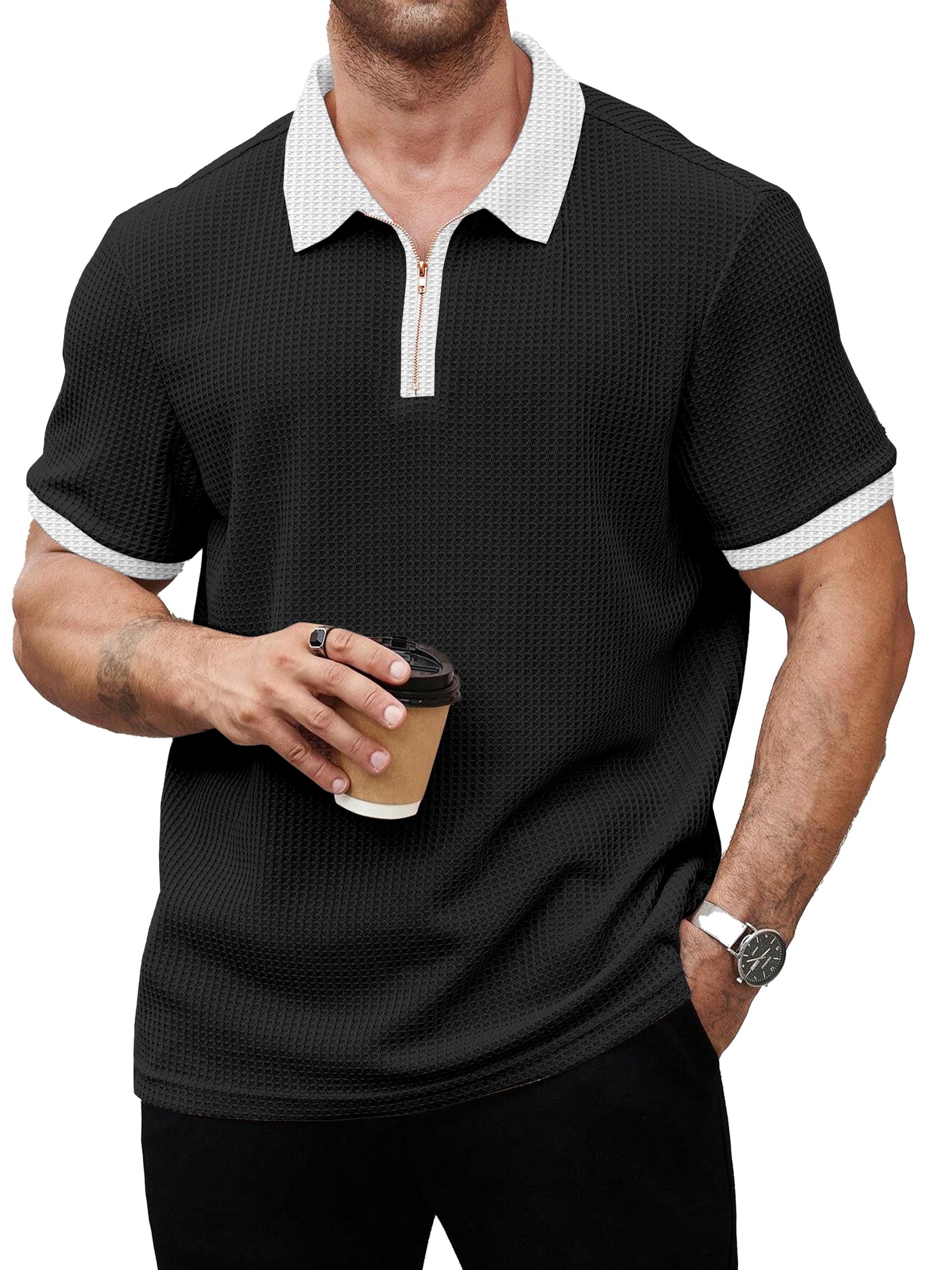 KAJARU Men Waffle Knit Polo T-Shirt