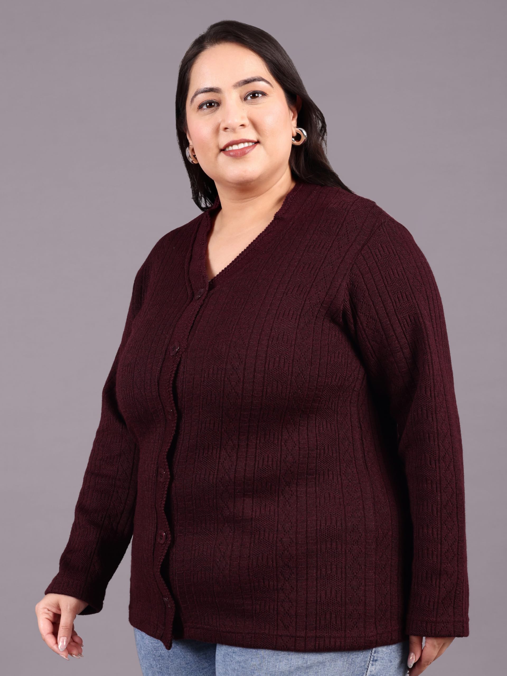 HIFZAA Women's Woolen Cardigan - Wine - Image 4