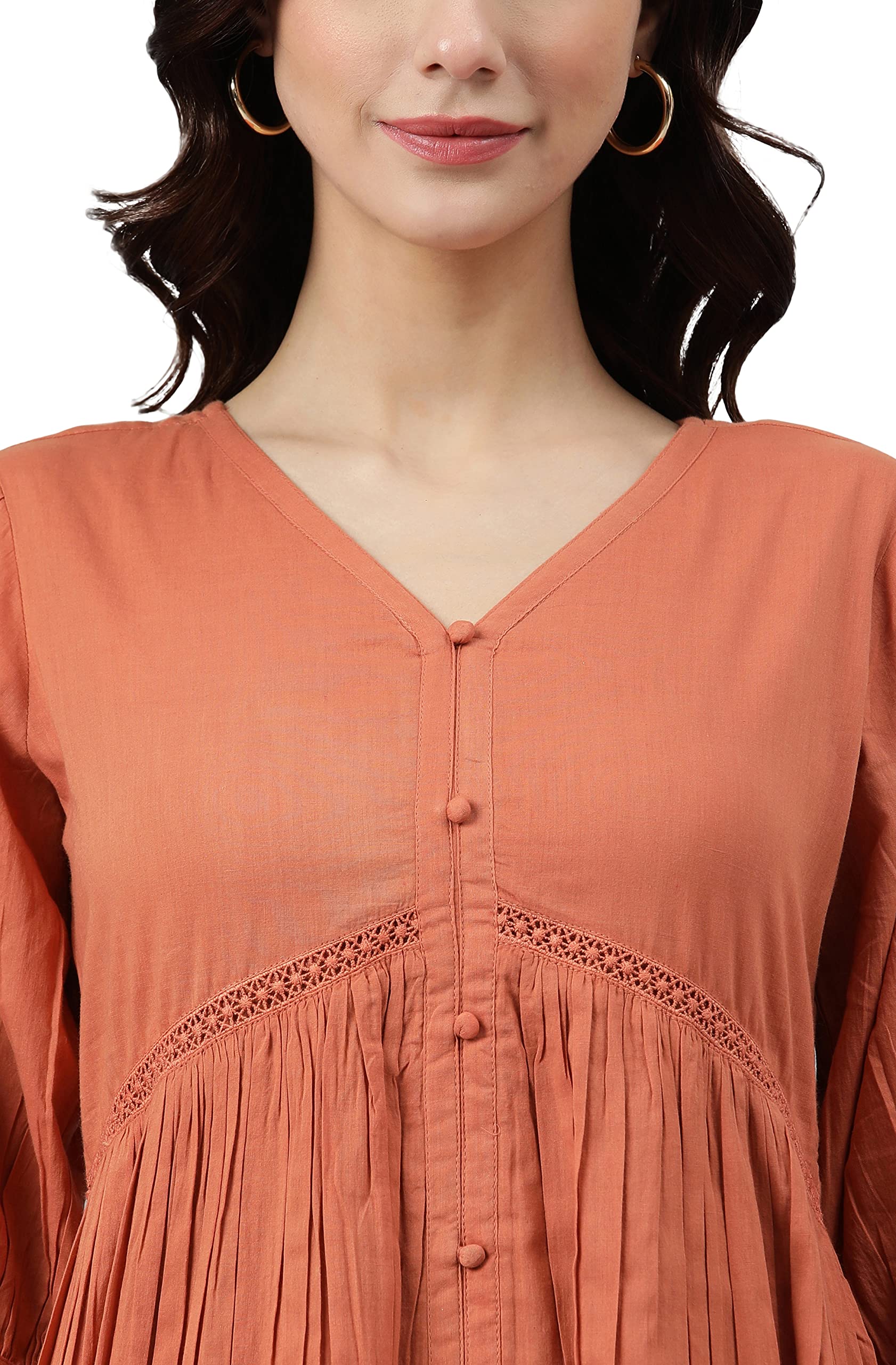 Janasya Women's Coral Orange Cotton Flared Dress - Image 5