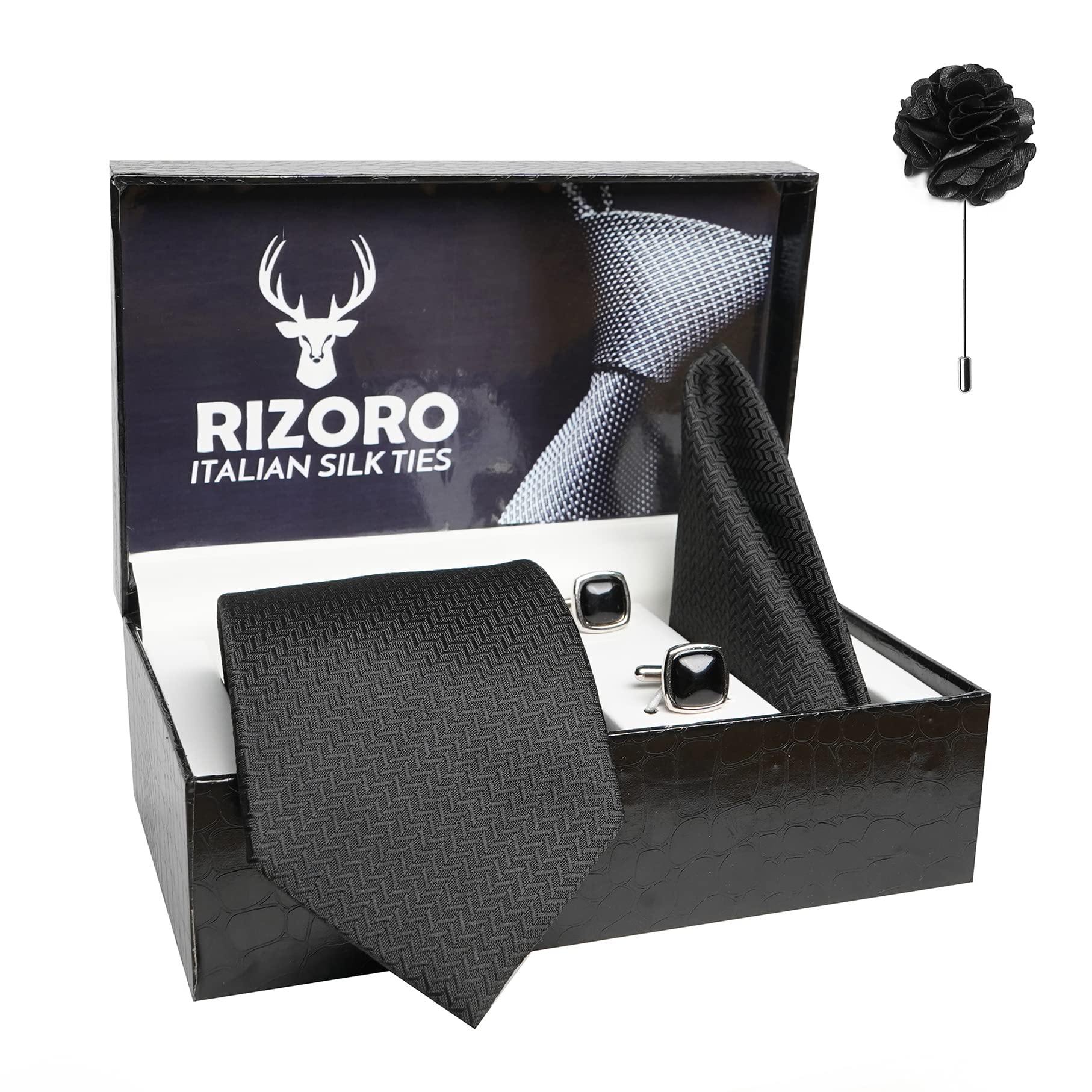 RIZORO Black Plaid Necktie Set for Men - Image 2