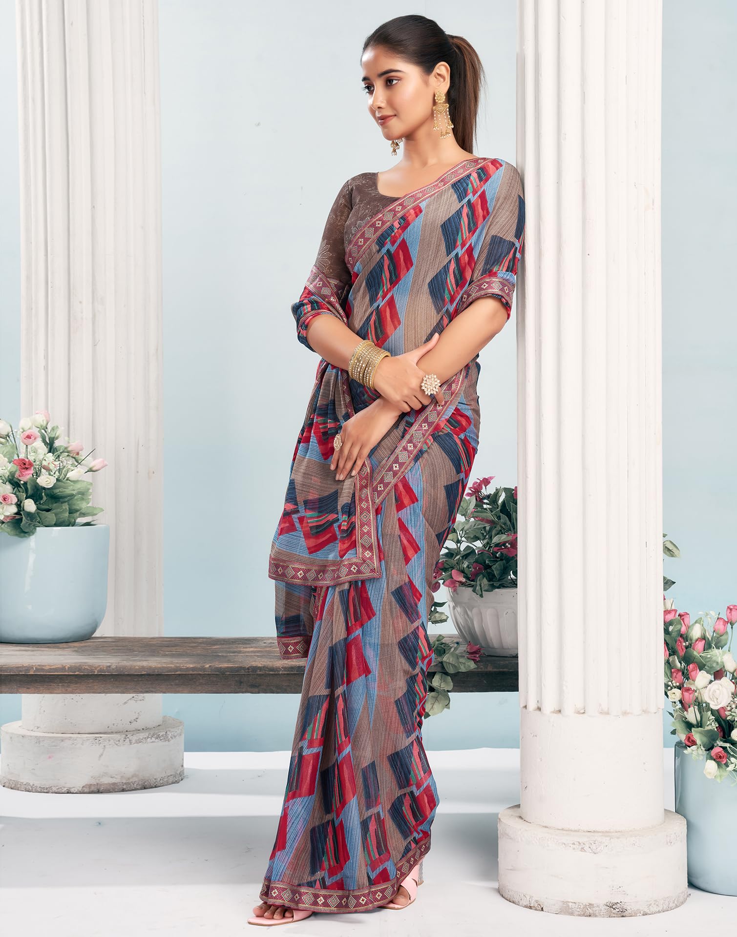 SIRIL Women's Chiffon Printed Saree - Brown - Image 4