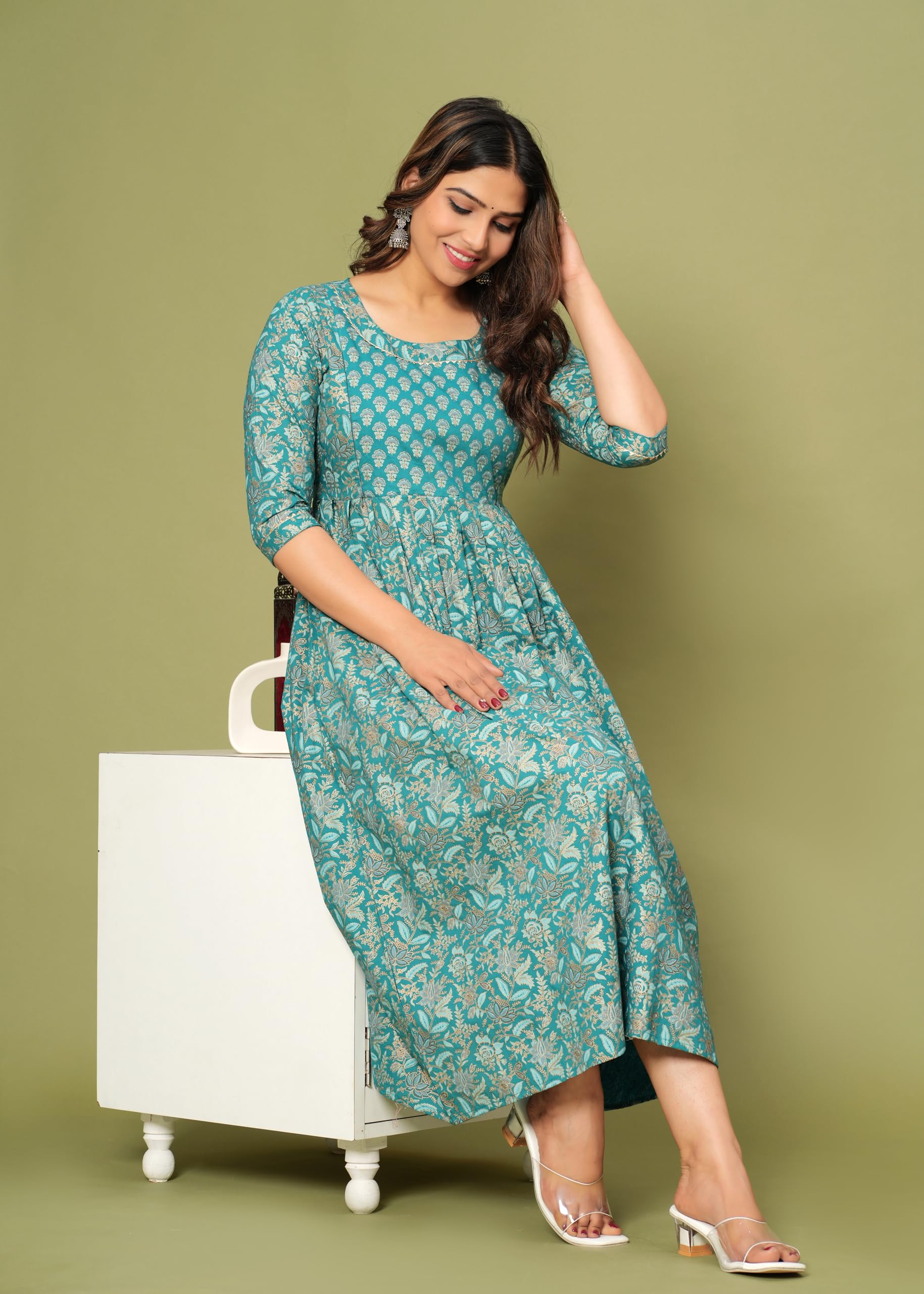 Aqua Blue Floral Maternity Kurti Gown - Image 3