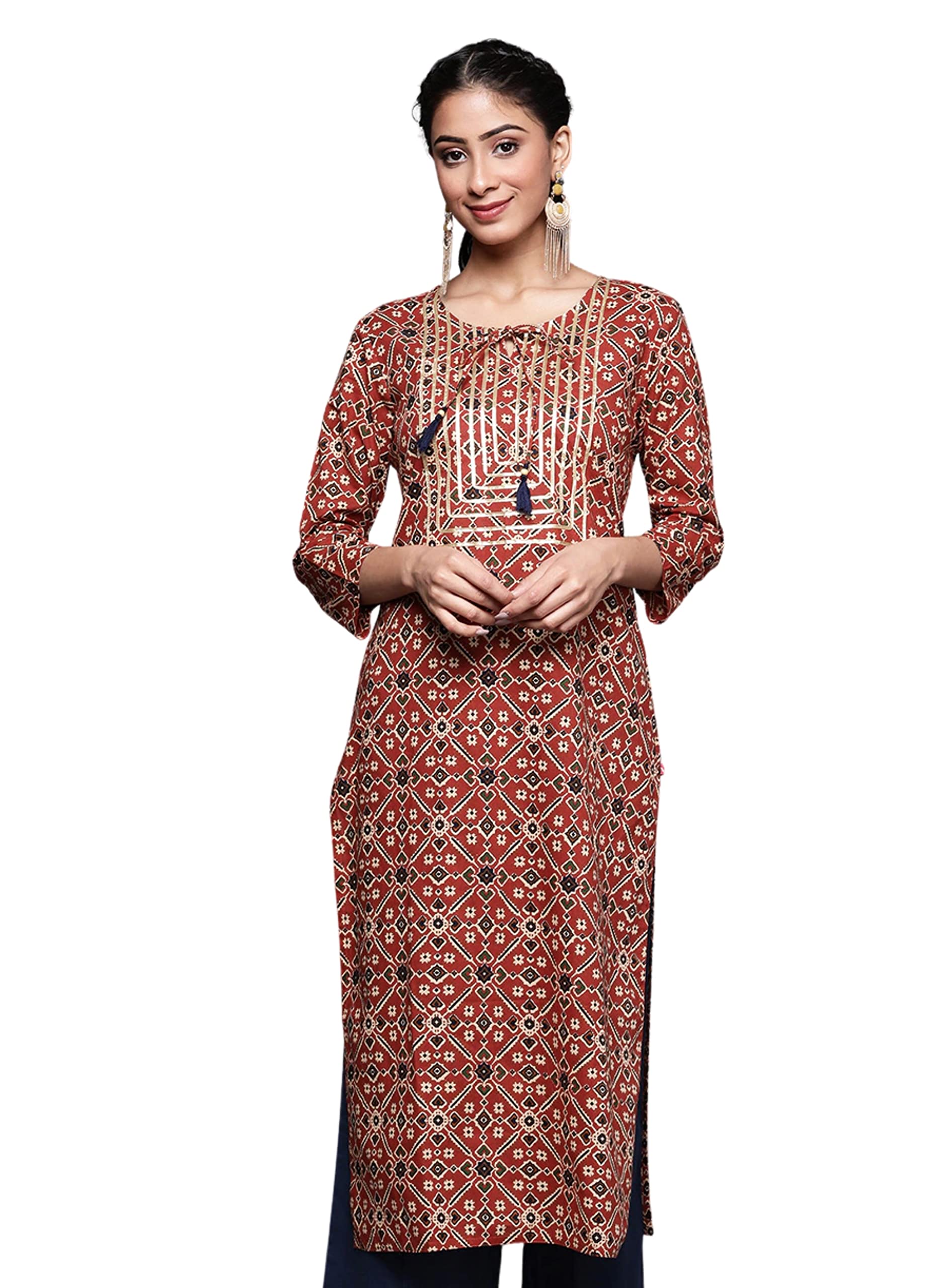 rytras Women's Cotton Printed Straight Kurta - Maroon
