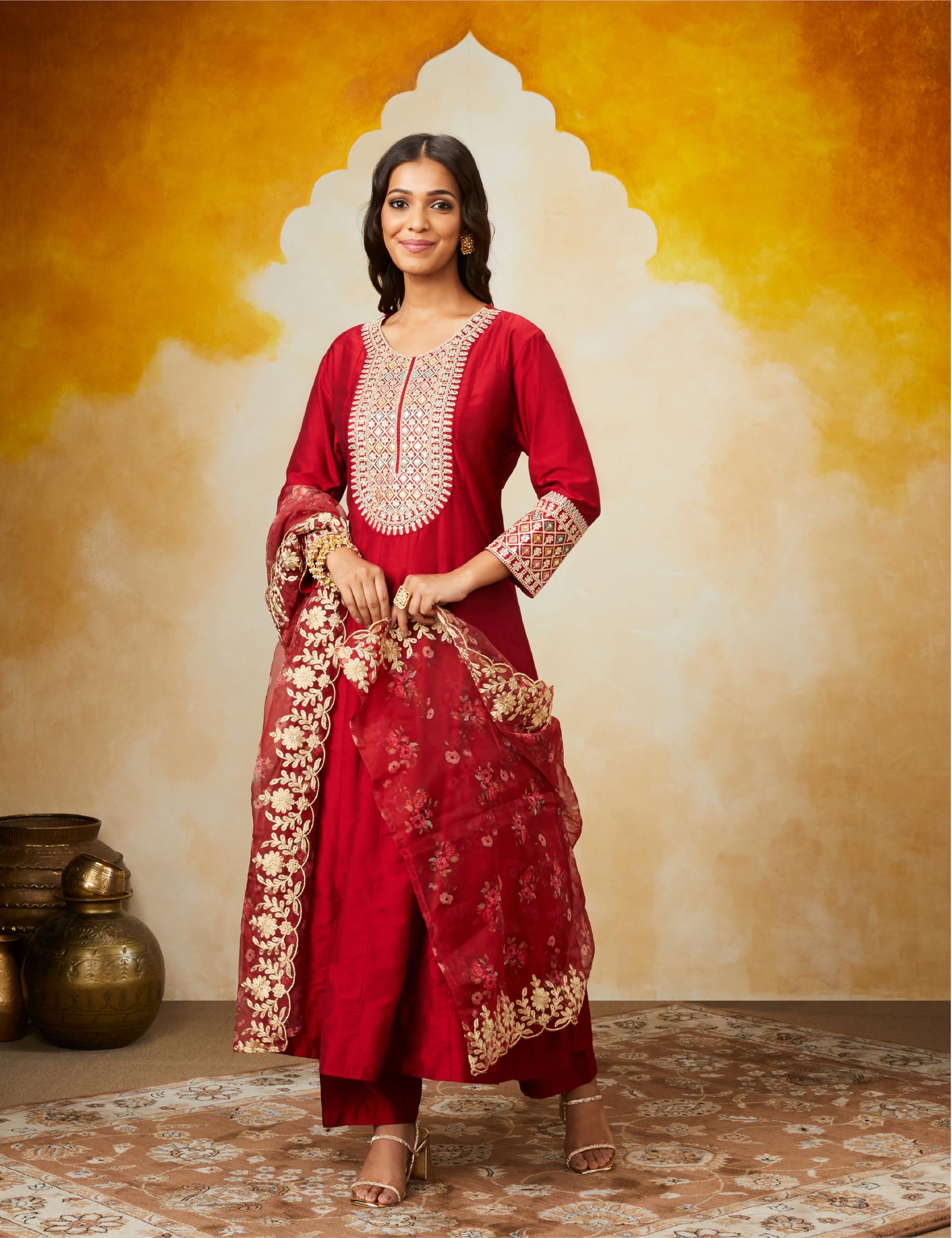 Myx Women's Embroidered Anarkali Kurta Set - Deep Red - Image 5