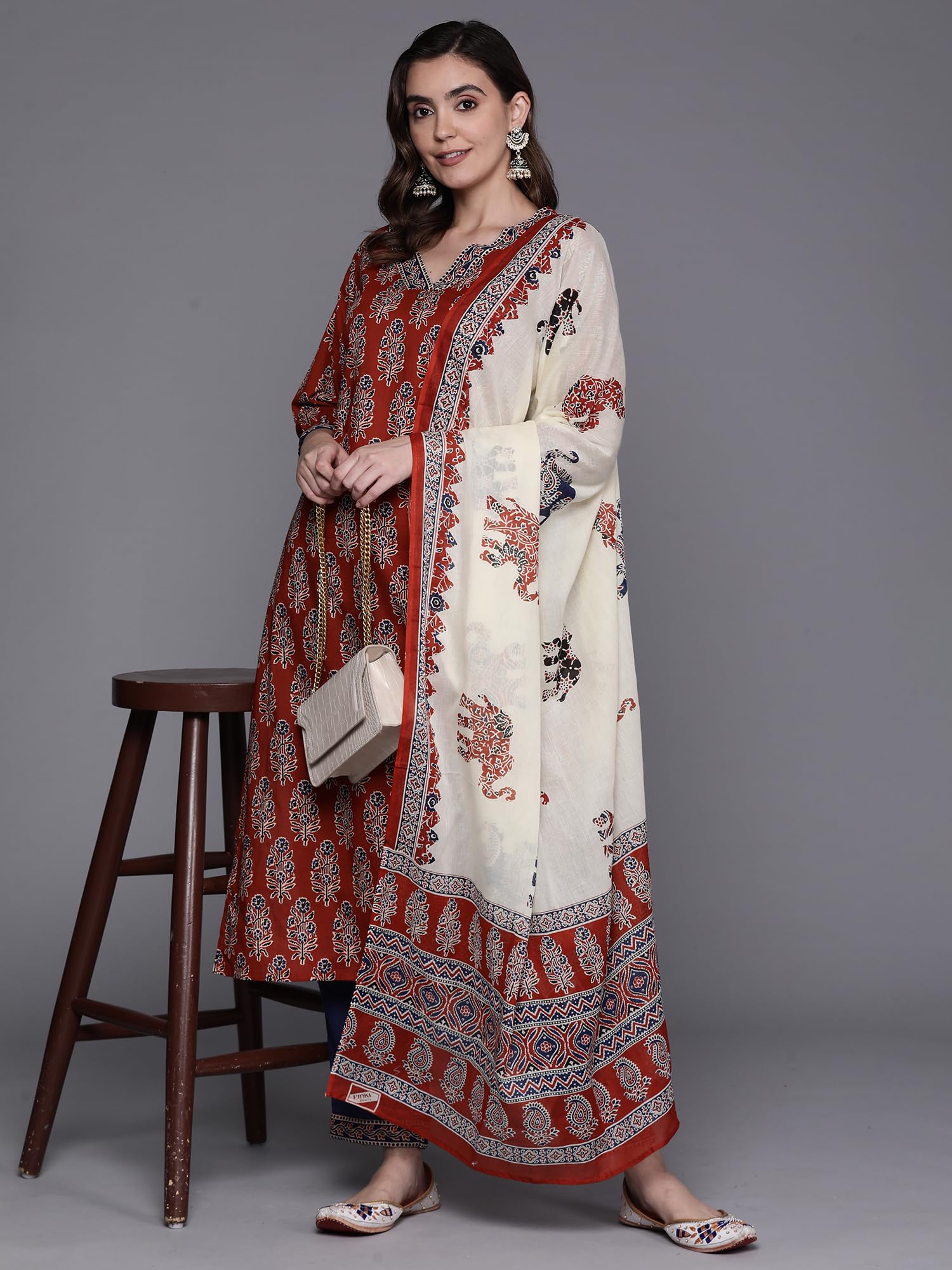 INDO ERA Cotton Rust Printed Kurta Set for Women - Image 2