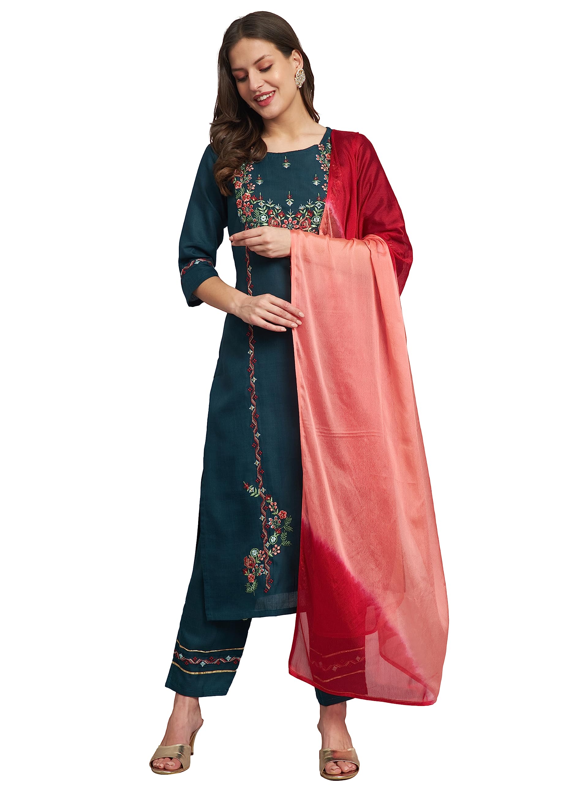 VredeVogel Women's Embroidered Kurta Pant Set - Teal