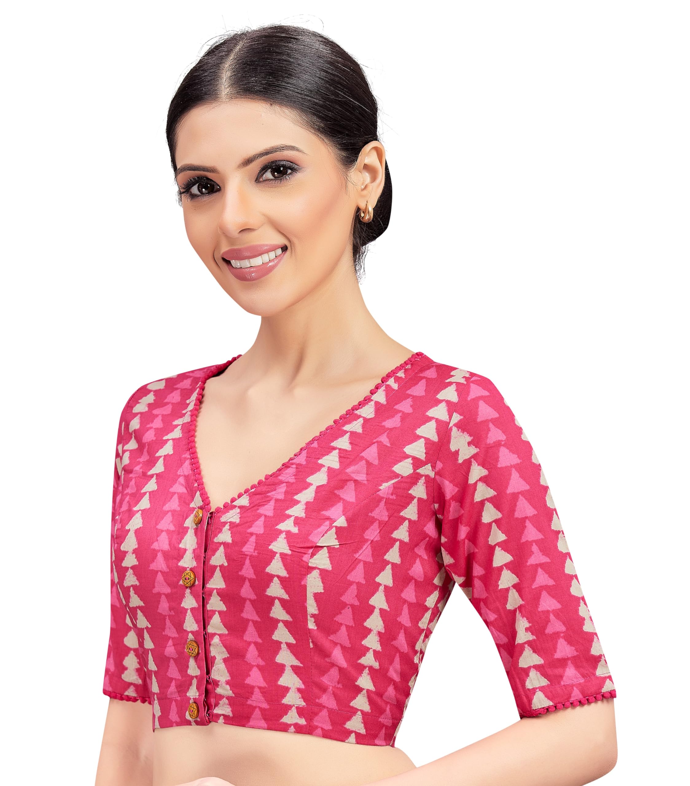 Studio Shringaar Women's Cotton Block Printed Saree Blouse - Pink - Image 3