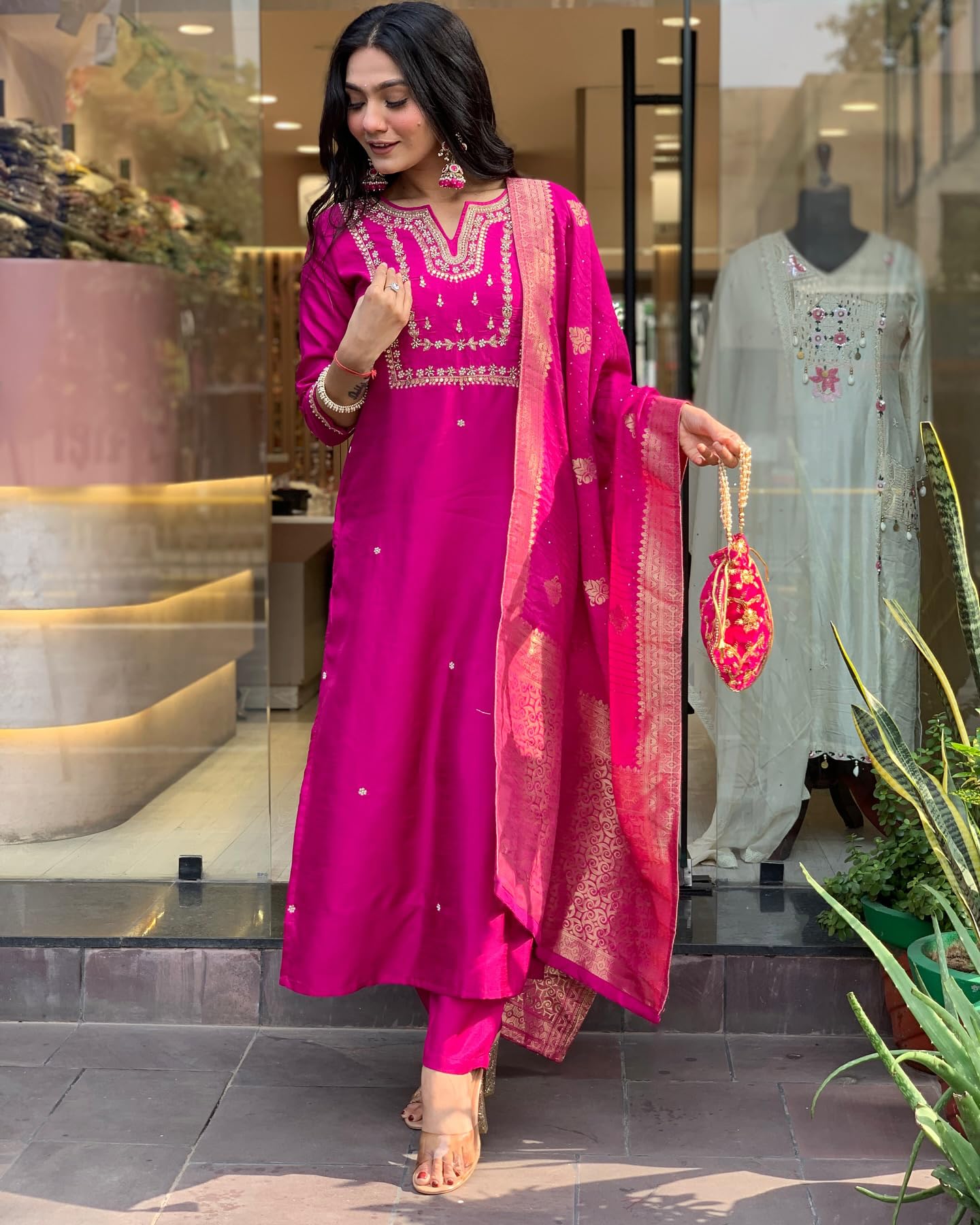 GoSriKi Pink Embroidered Silk Kurta Set for Women - Image 2