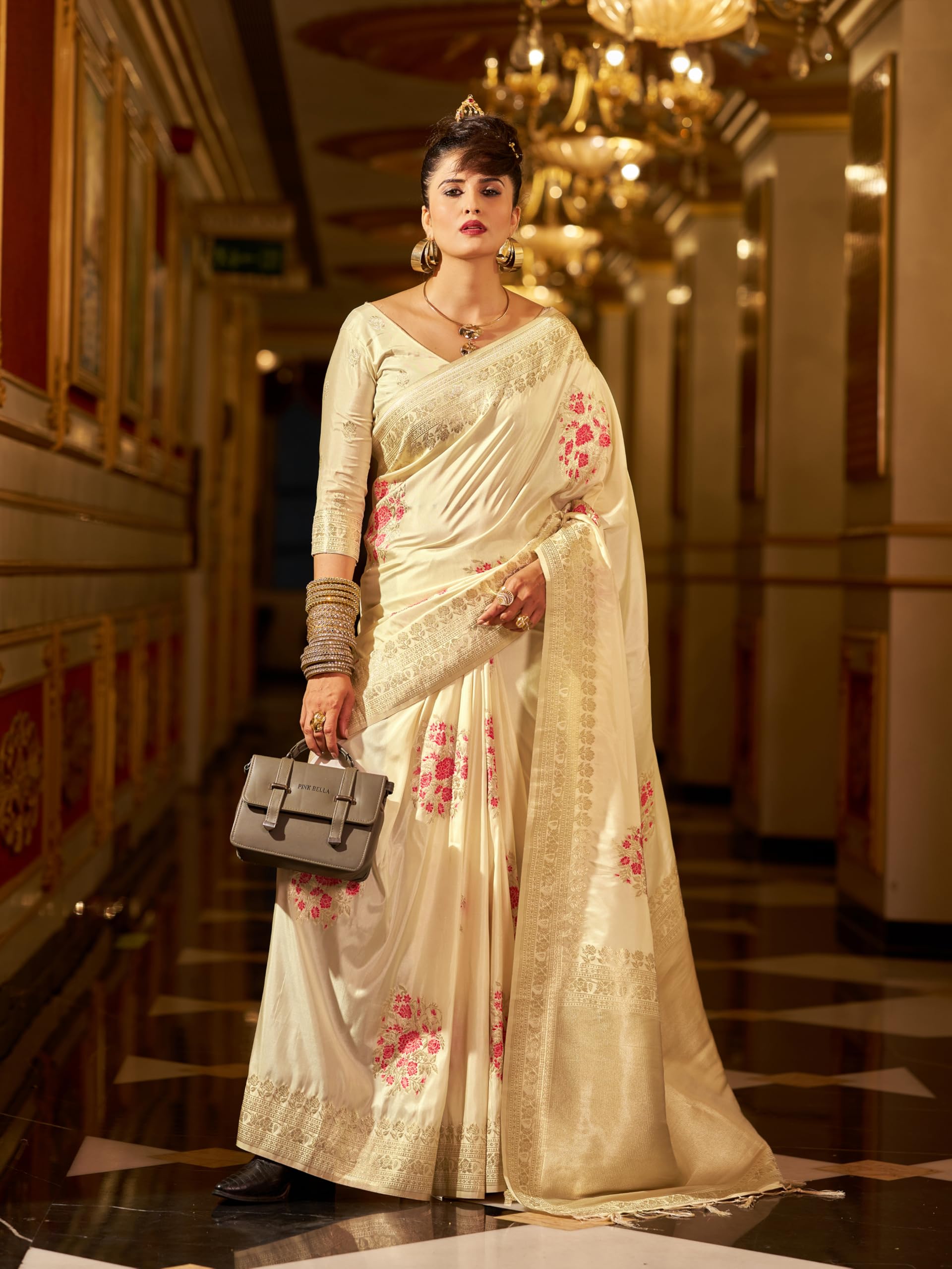 SWORNOF Women's Banarasi Silk Saree - White - Image 2