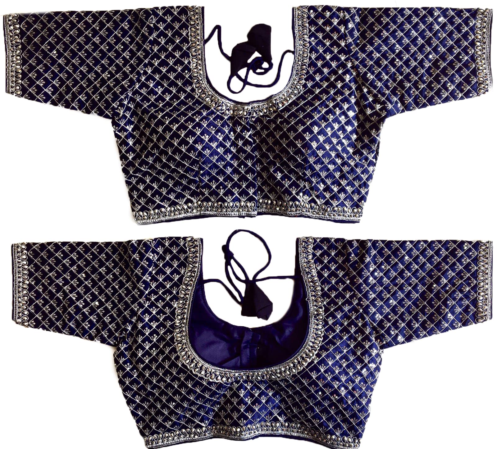 Pujia Mills Navy Blue Silk Blouse with Silver Jari Embroidery - Image 5