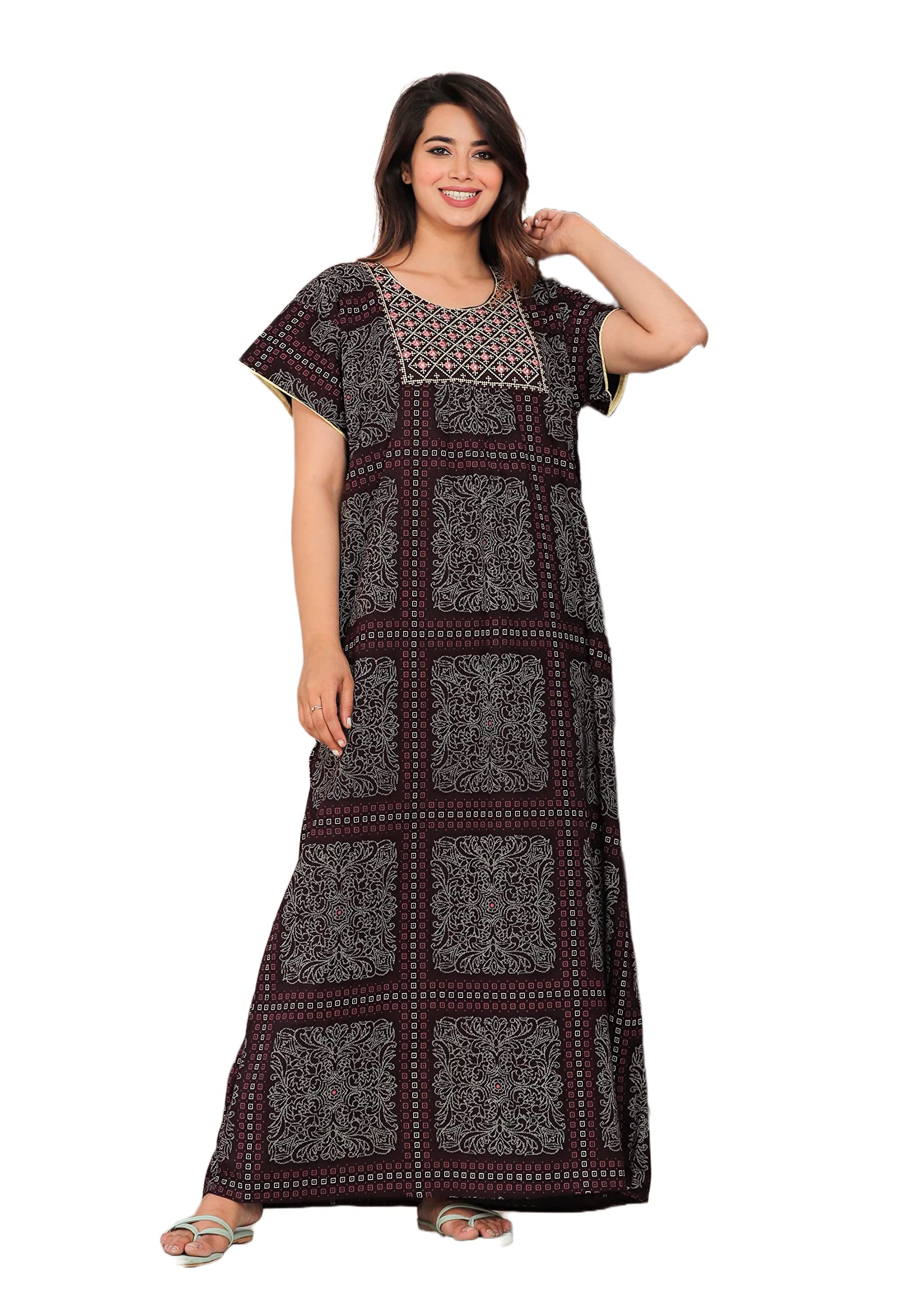 G4Girl Violet Cotton Embroidered Maxi Nighty for Women