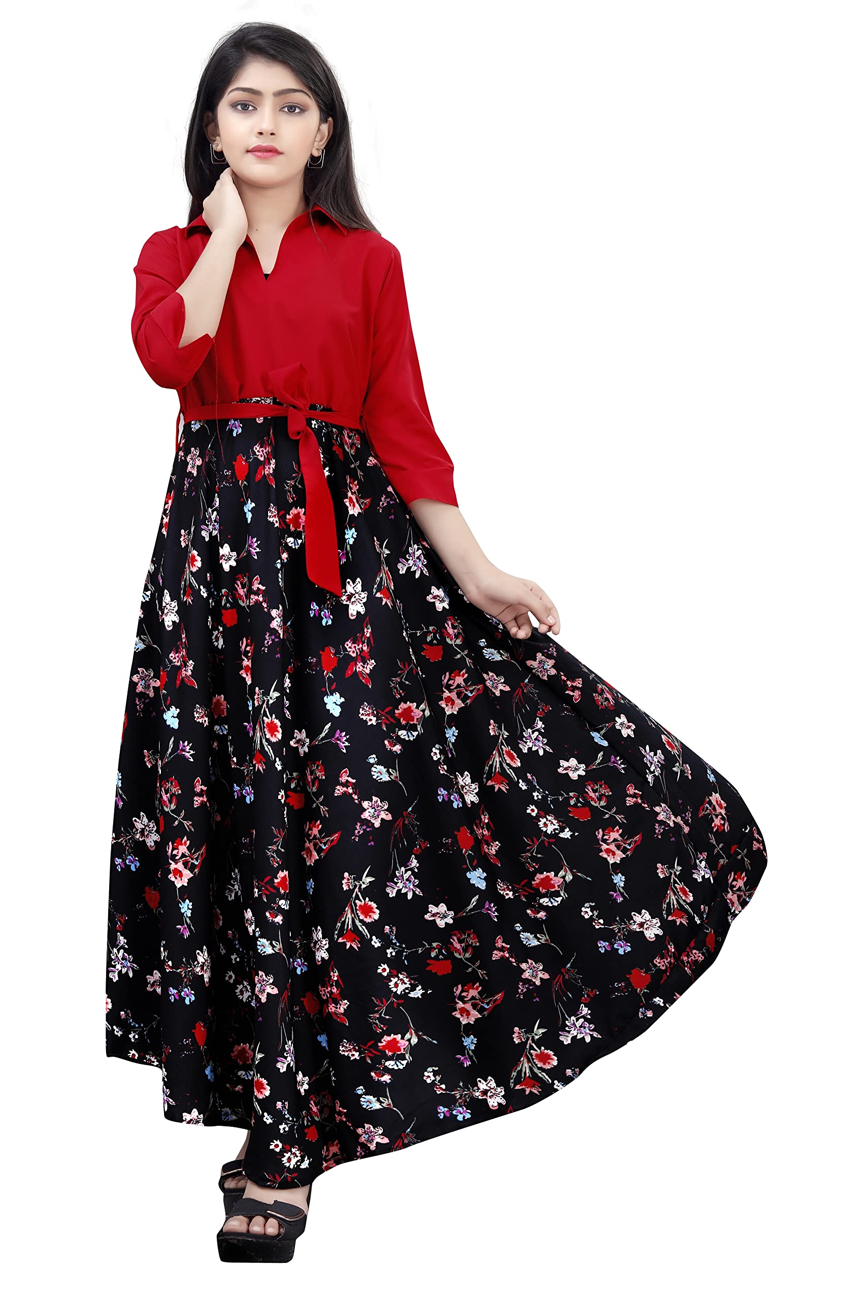 Aarya Floral Maxi Dress for Girls - Red