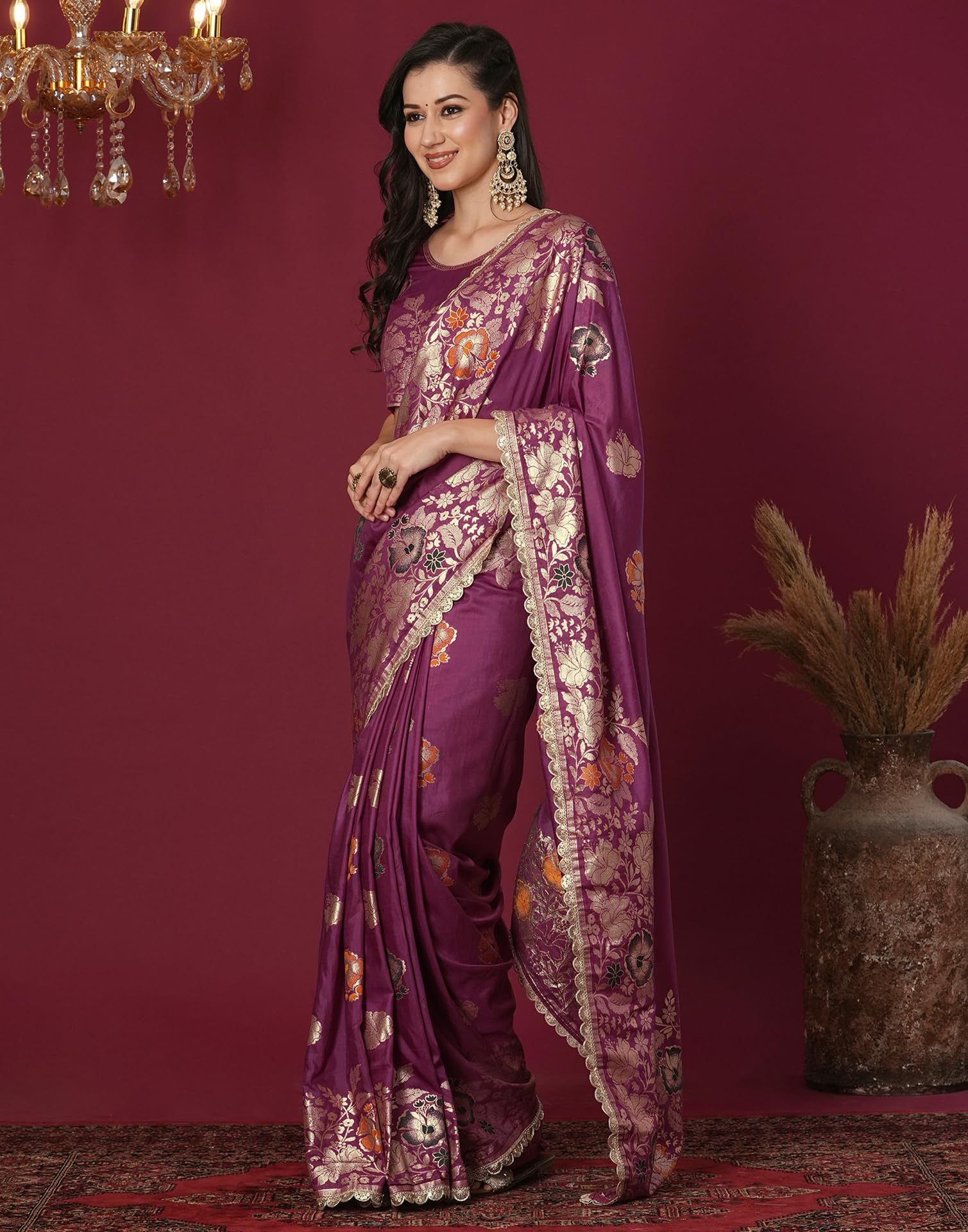 SIRIL Kanjivaram Silk Saree - Dark Mauve - Image 2