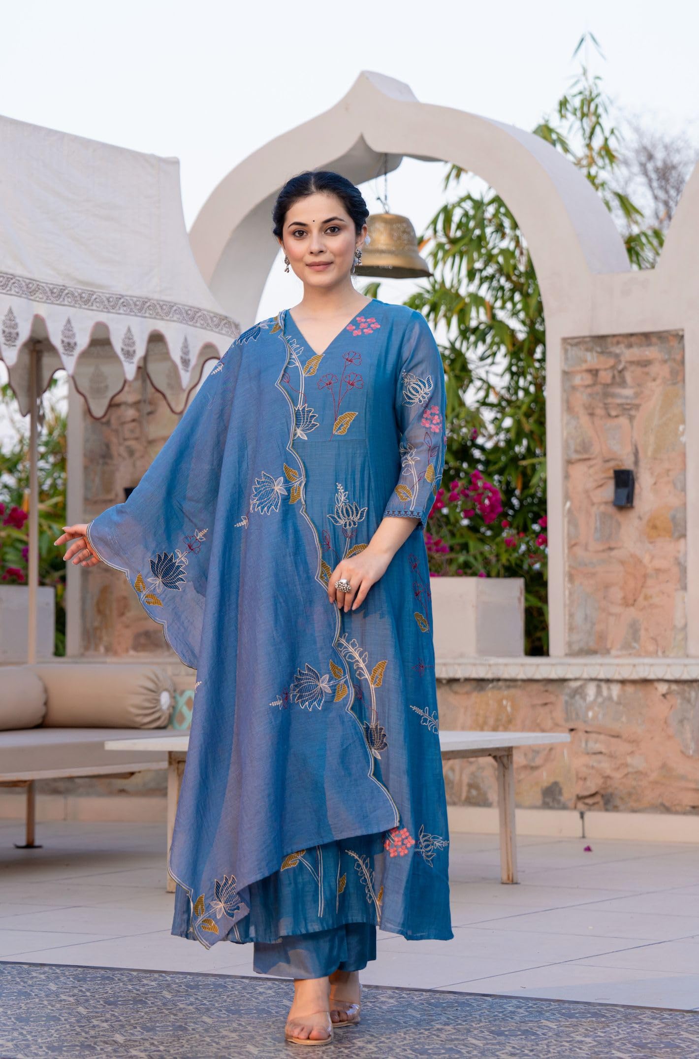 GoSriKi Blue Chanderi Cotton Embroidered Anarkali Kurta Set for Women - Image 4