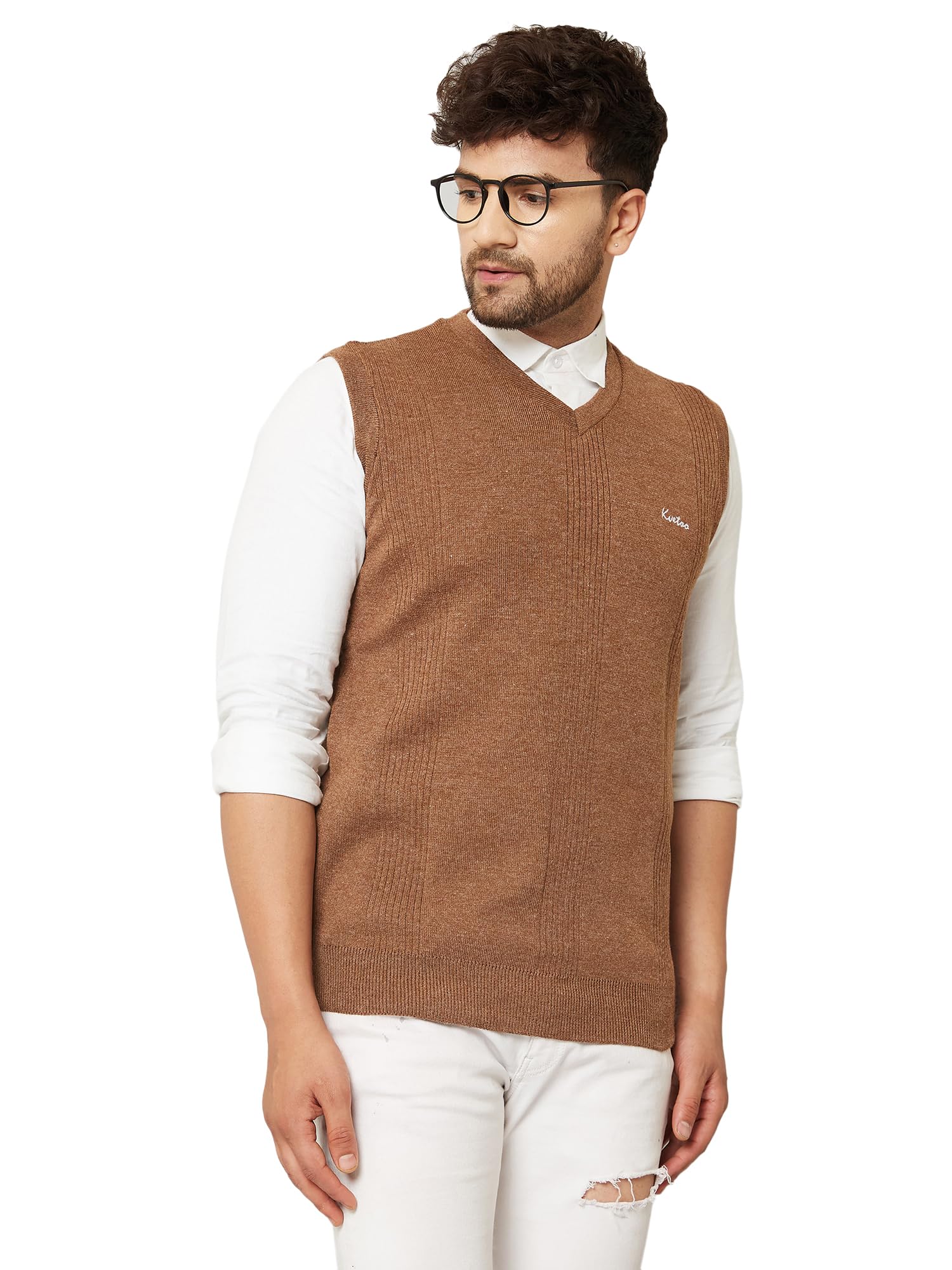 Kvetoo V Neck Sleeveless Wool Sweater for Men - Coffee - Image 3