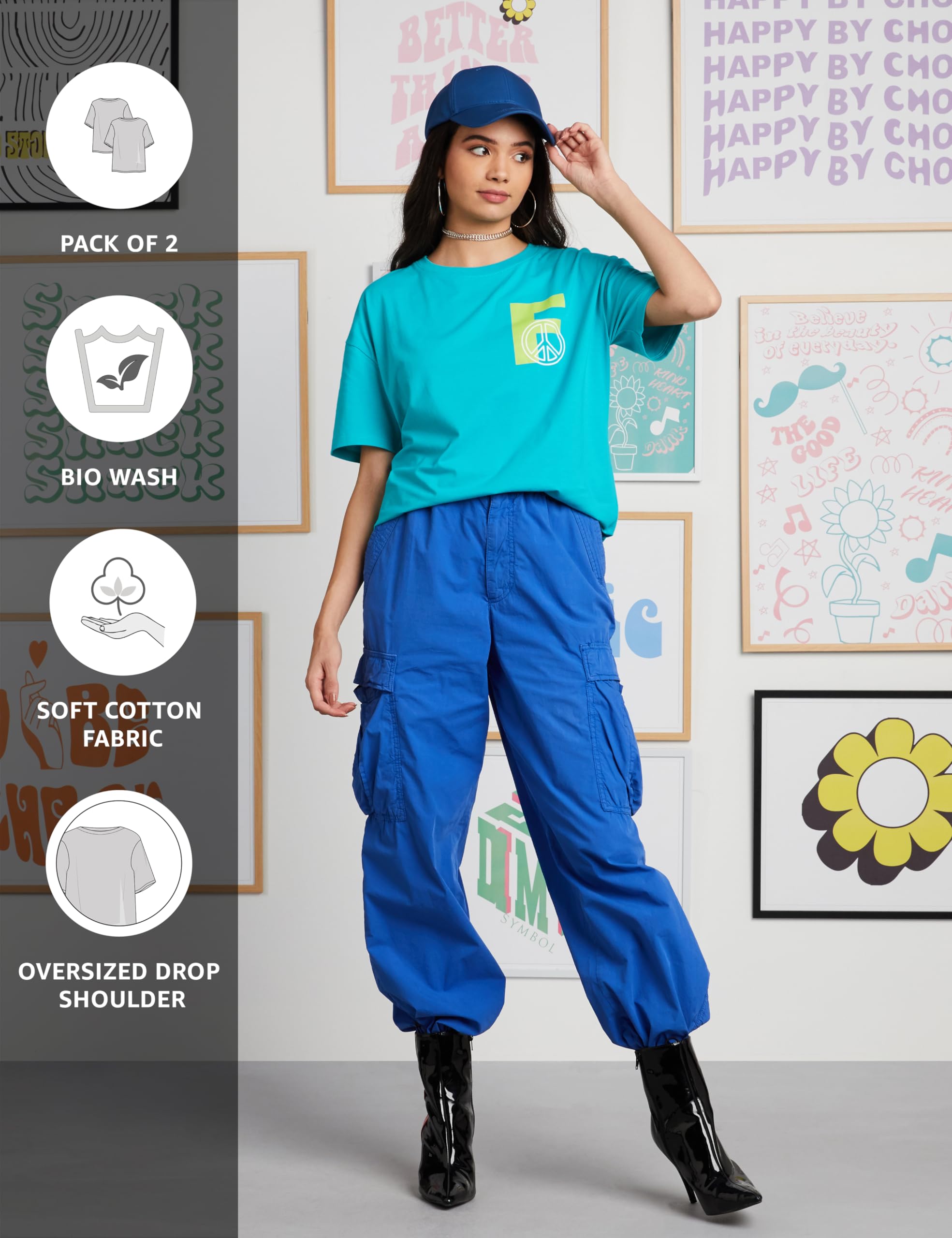 Symbol Women's Oversized Cotton T-Shirts - Lavender Turquoise - Image 4