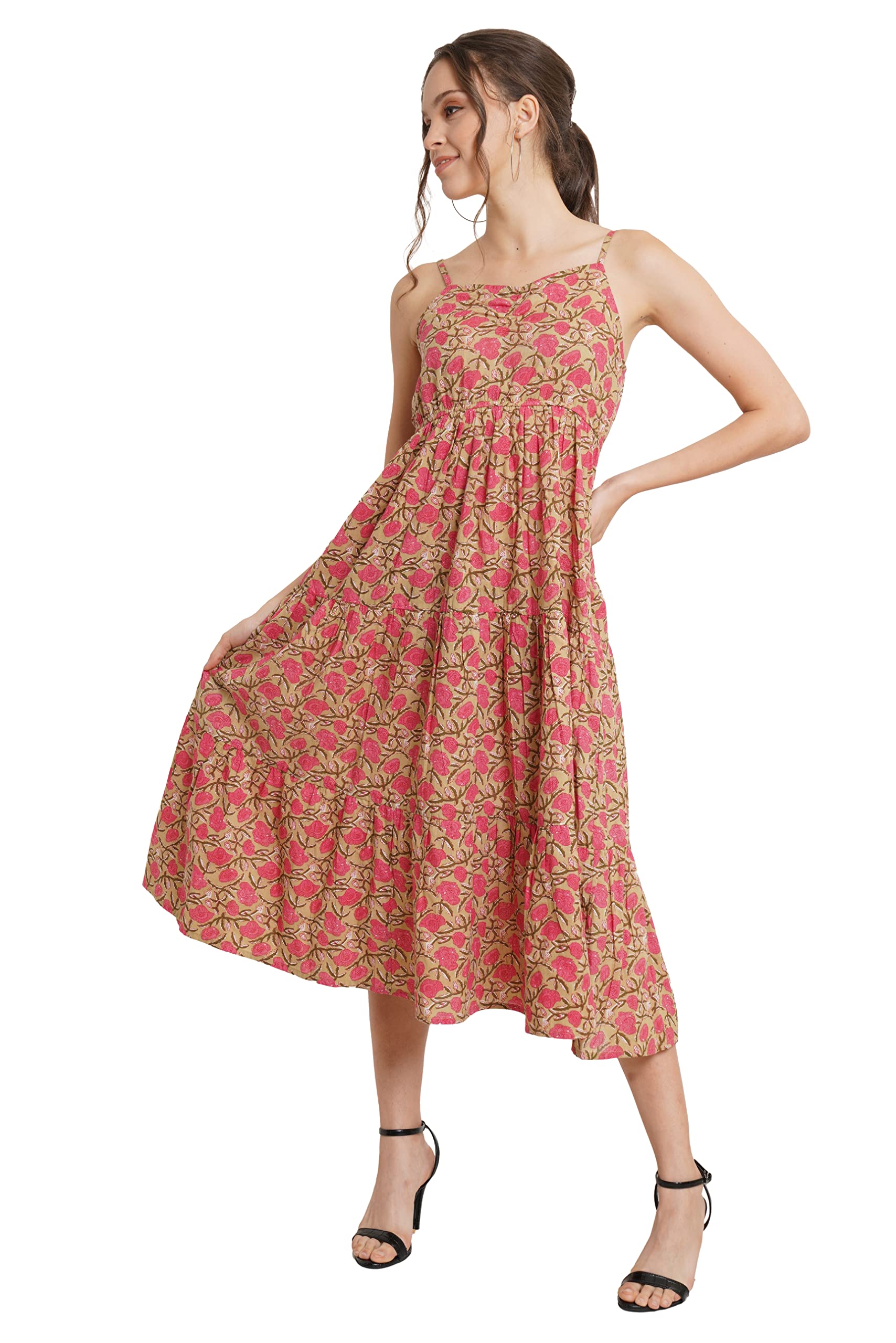 COTLAND Women's Pink Beige Floral A-Line Midi Dress