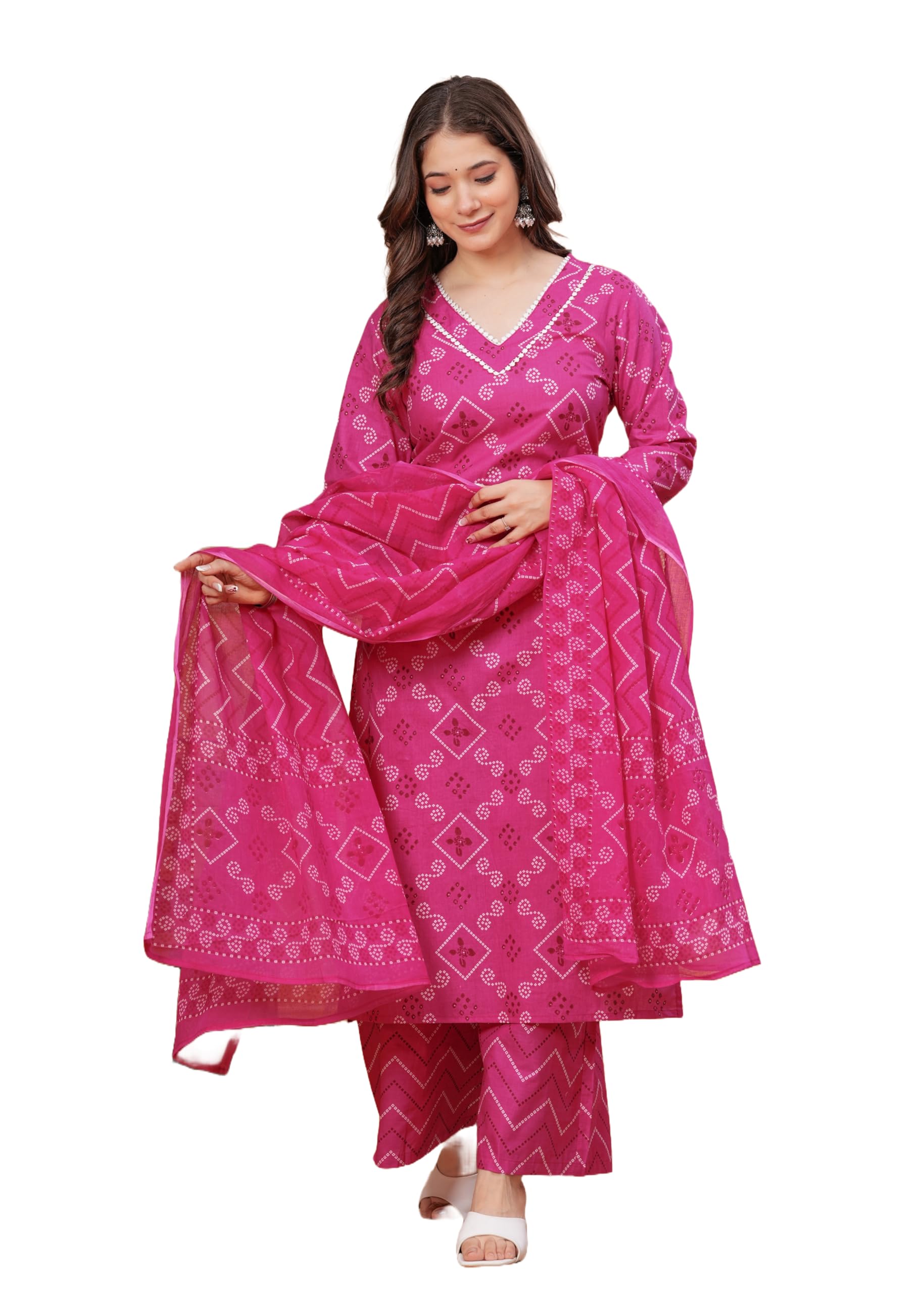 MEERA FAB Women Bandhani Printed Kurta with Palazzo & Dupatta - Pink