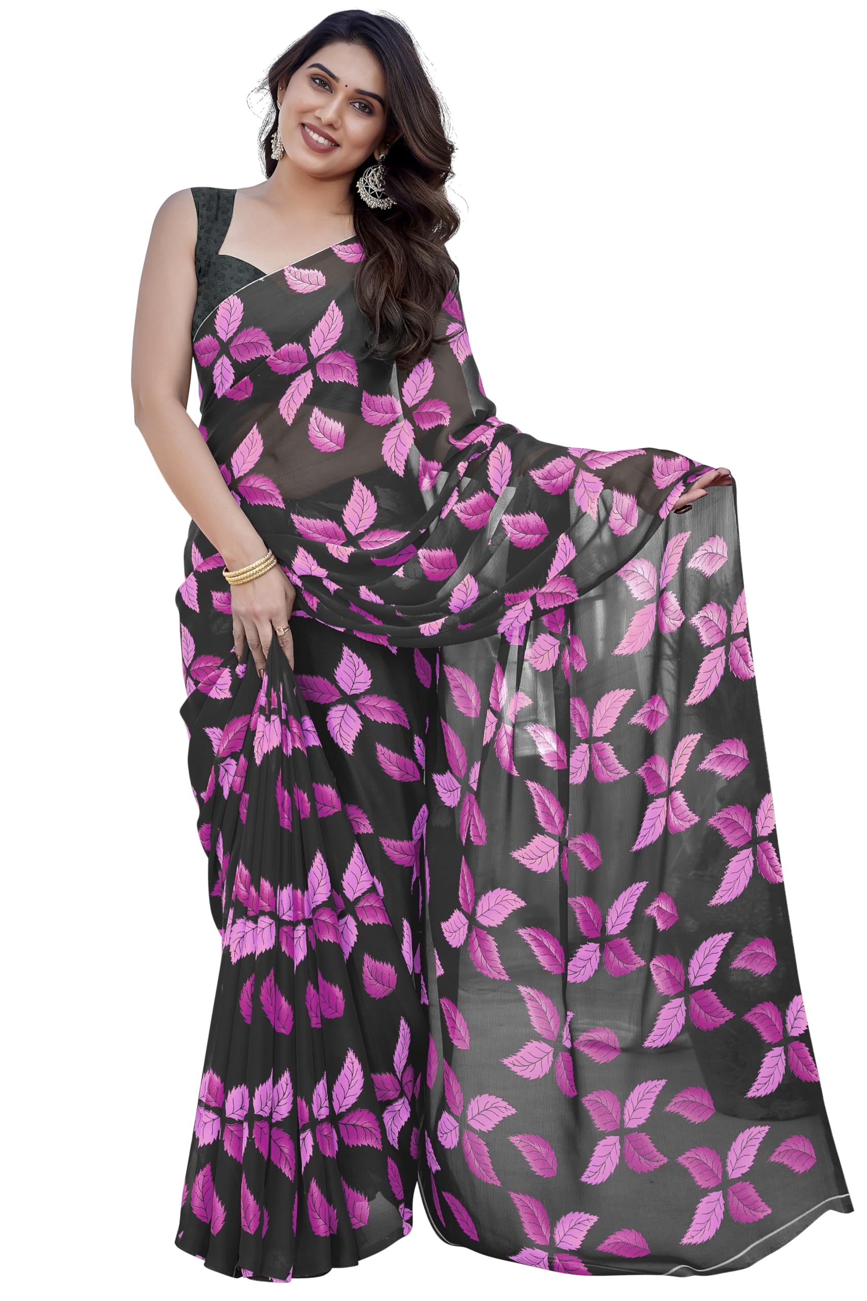 MIRCHI FASHION Women's Chiffon Floral Saree - Black Magenta Pink