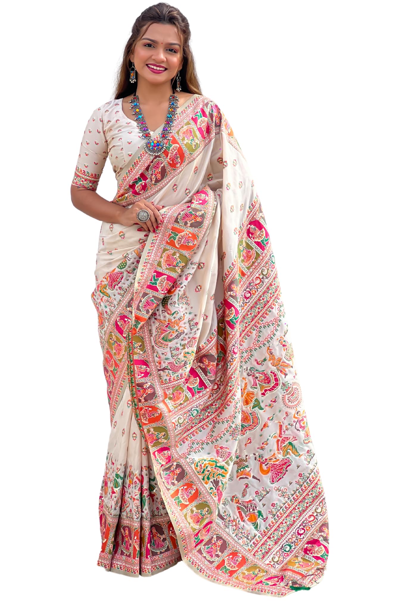 GarbGlide Women's Kanjivaram Pure Silk Saree - White