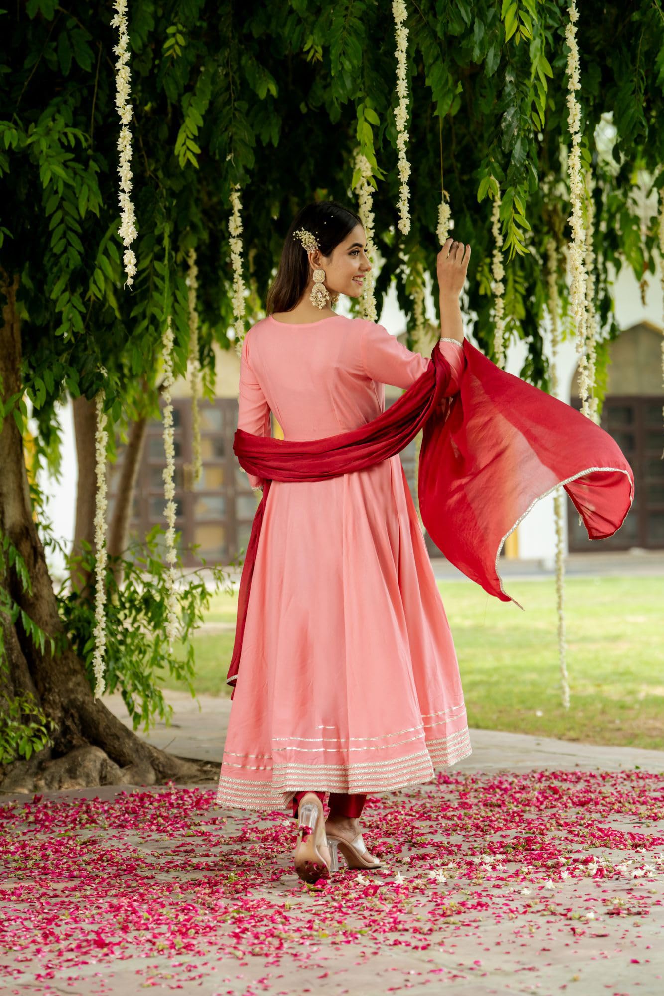 GoSriKi Women's Anarkali Kurta with Pant & Dupatta - Peach - Image 2