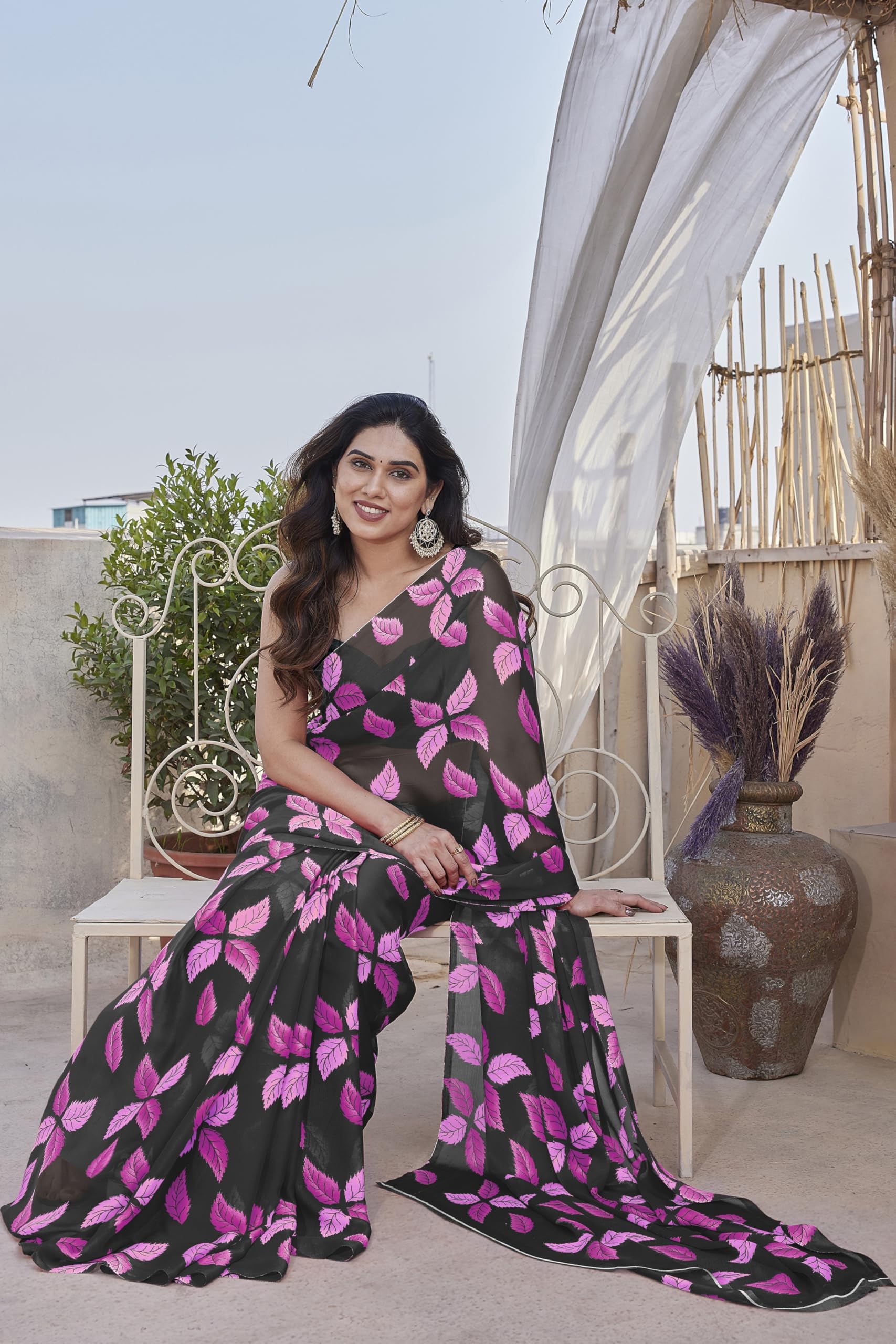 MIRCHI FASHION Women's Chiffon Floral Saree - Black Magenta Pink - Image 2