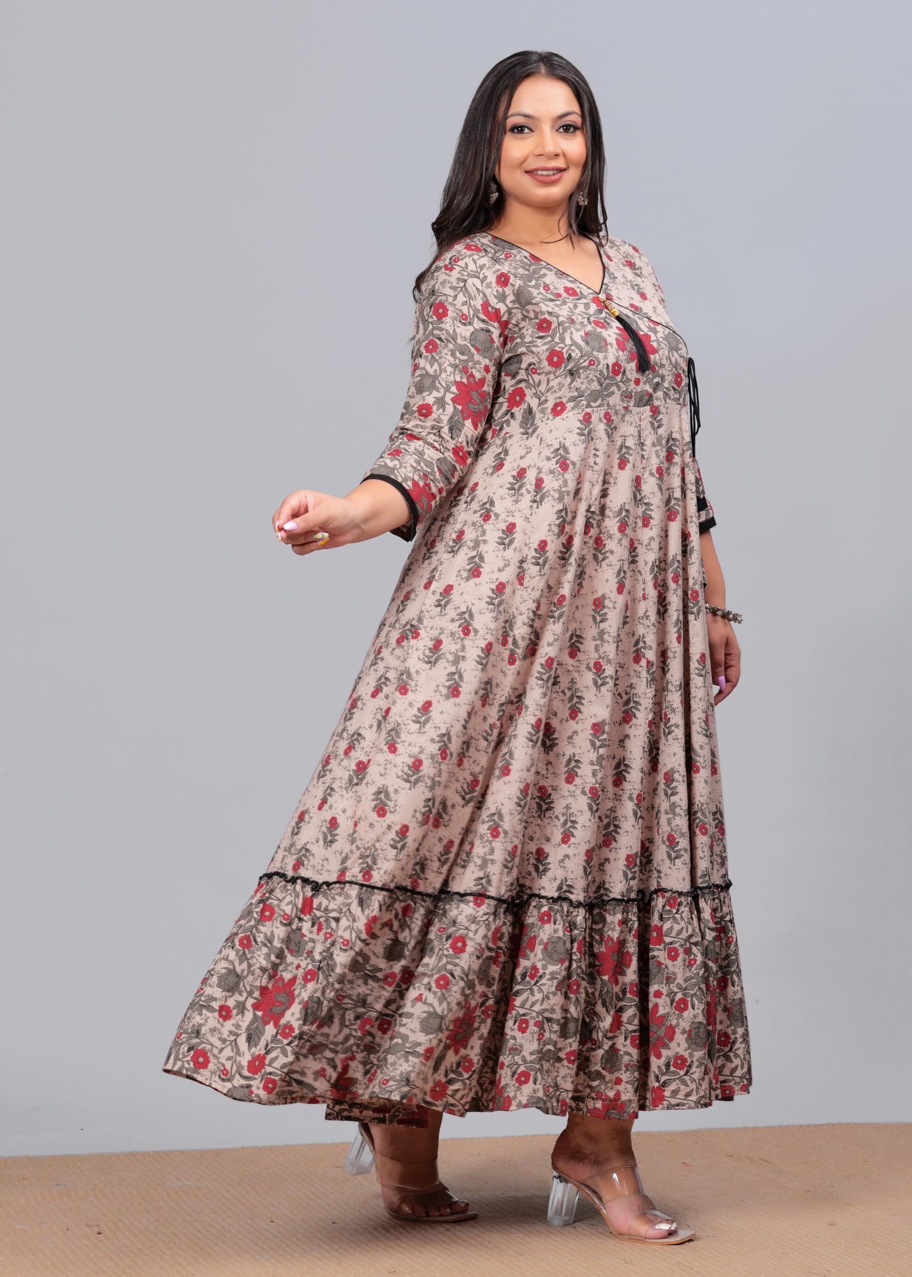LABULY Women Cotton Printed Anarkali Kurta - Coffee - Image 5