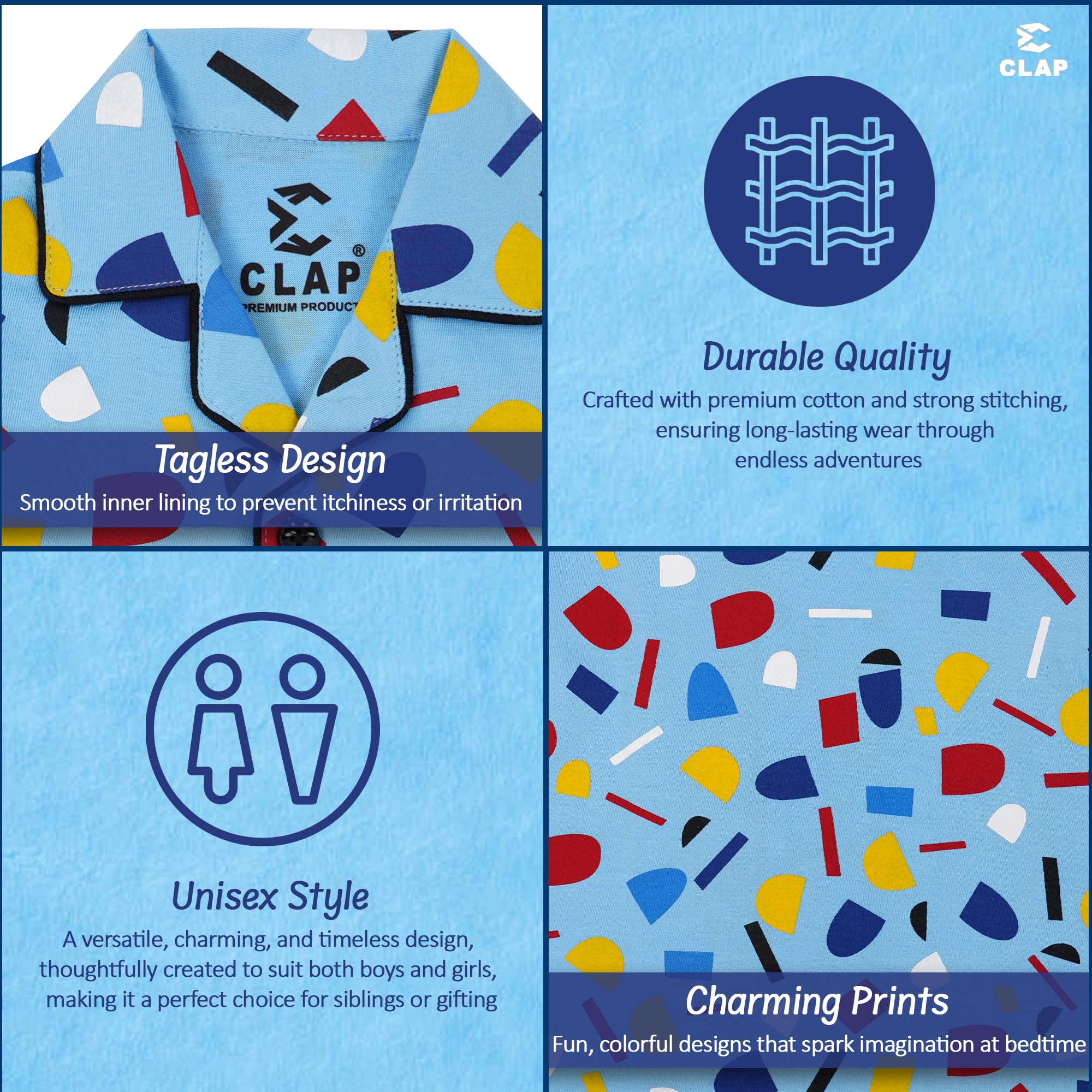 CLAP Kids Cotton Printed Night Suit - Sky Blue - Image 3