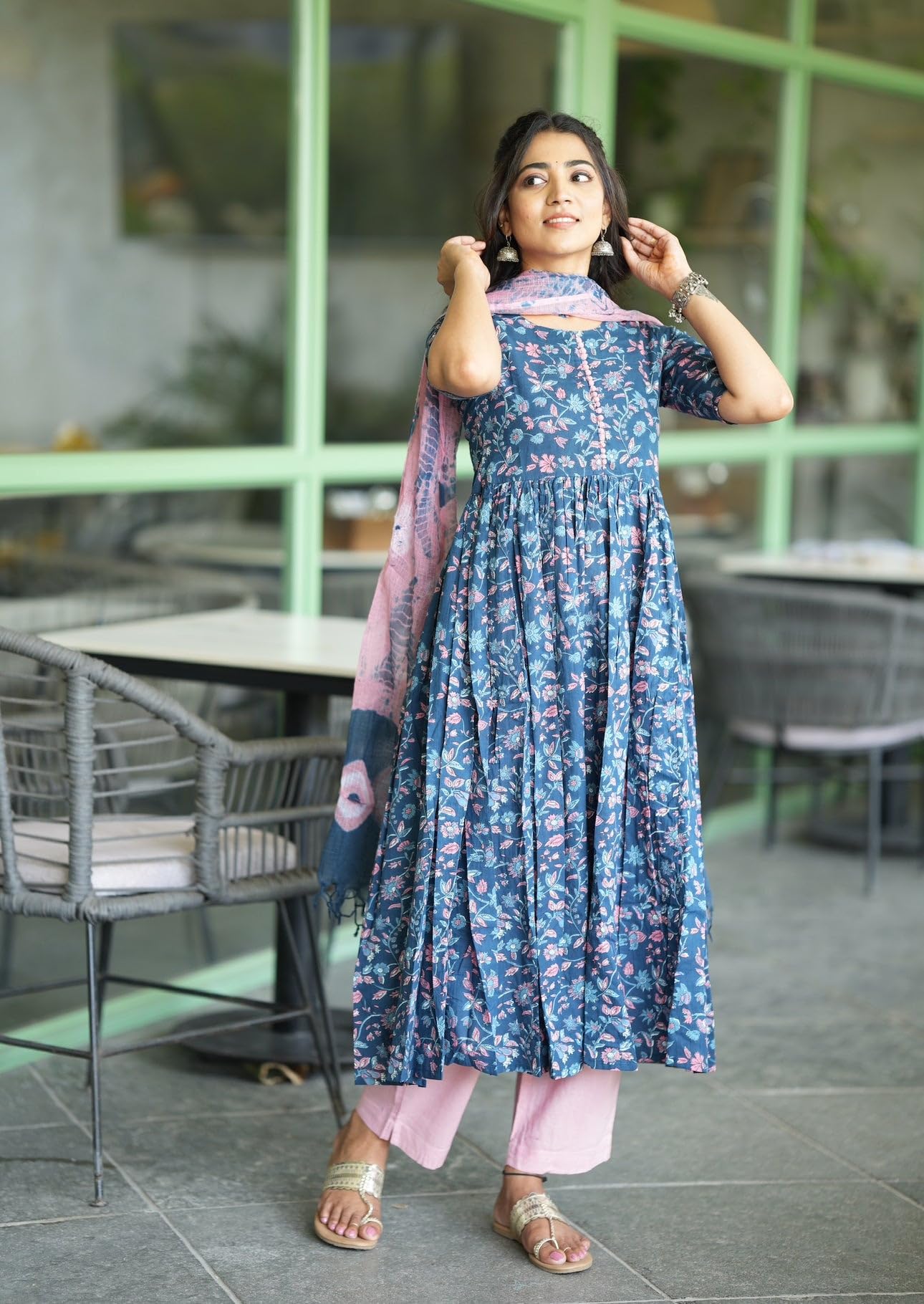 GoSriKi Women's Cotton Blend Anarkali Kurta - Blue - Image 4