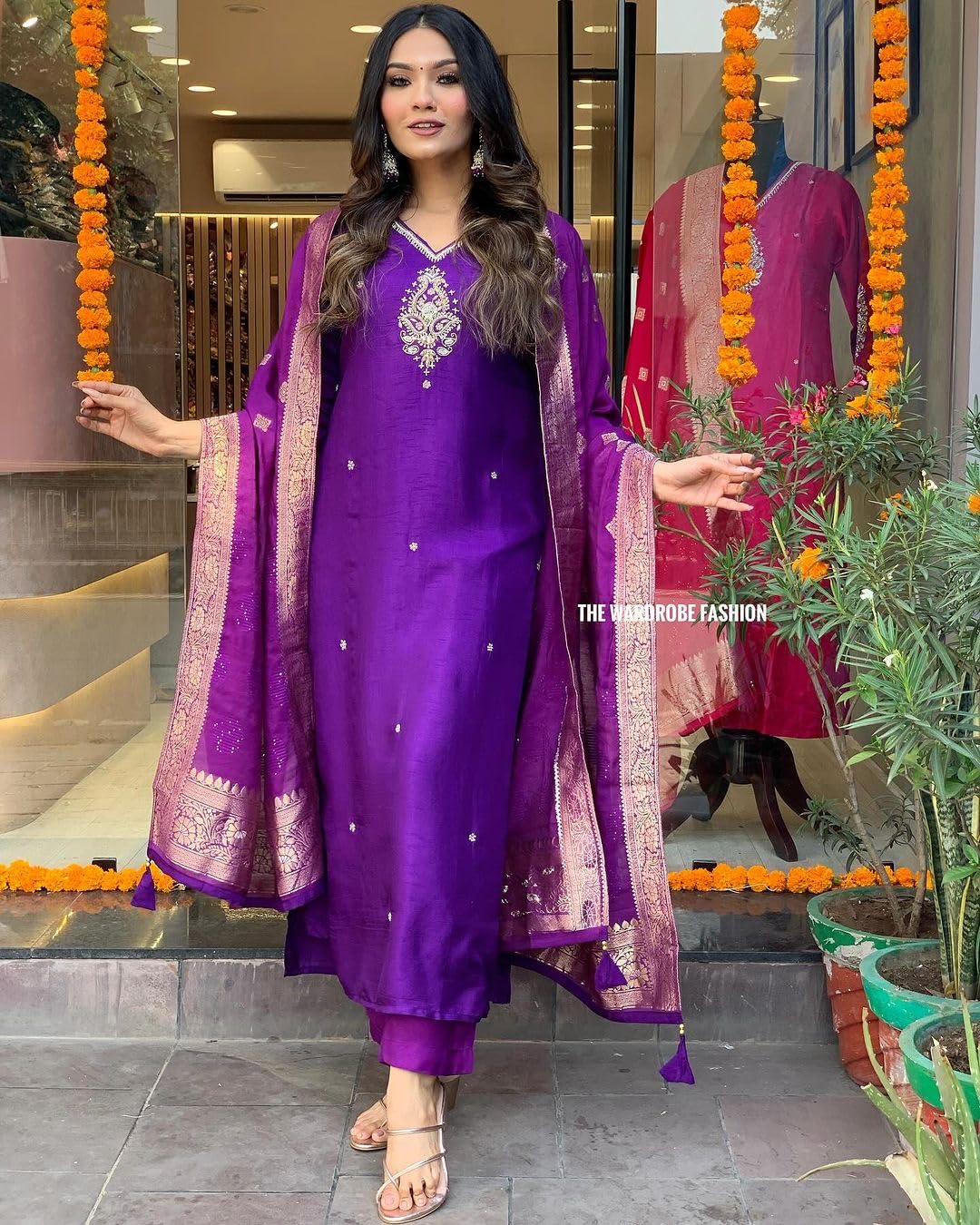 GoSriKi Women's Silk Blend Kurta with Pant & Dupatta - Image 2