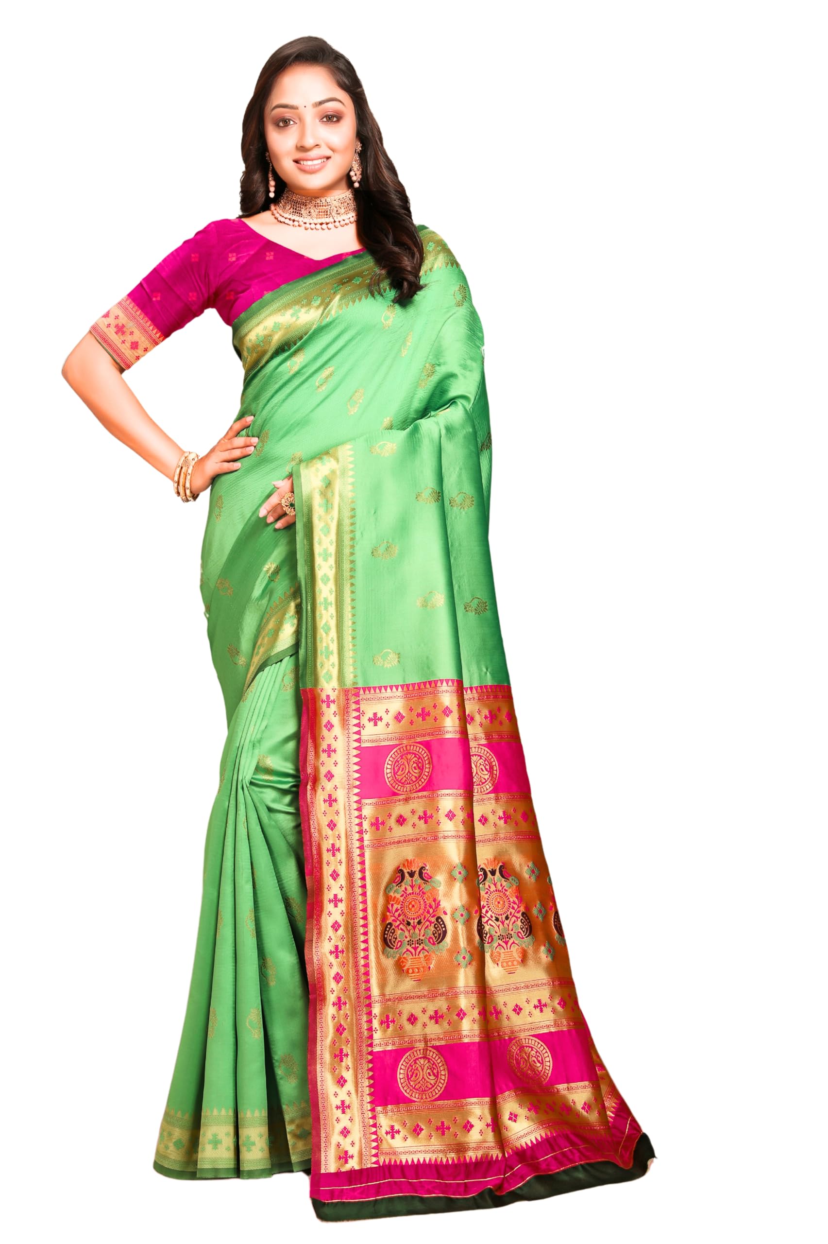 Pista-Pink Paithani Silk Saree with Zari Border