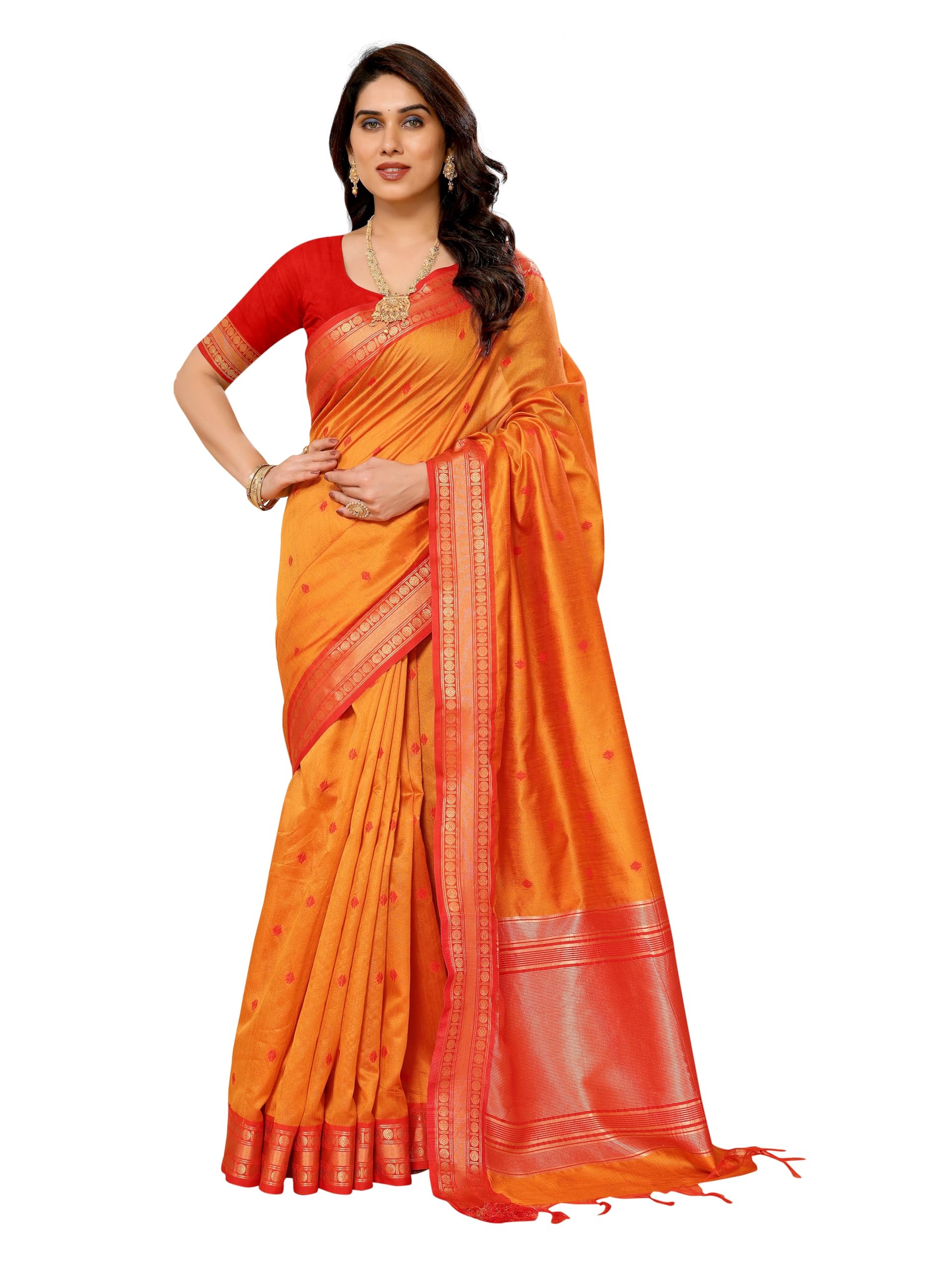 Sidhidata Women's Cotton Silk Jacquard Saree - Kalyani Orange