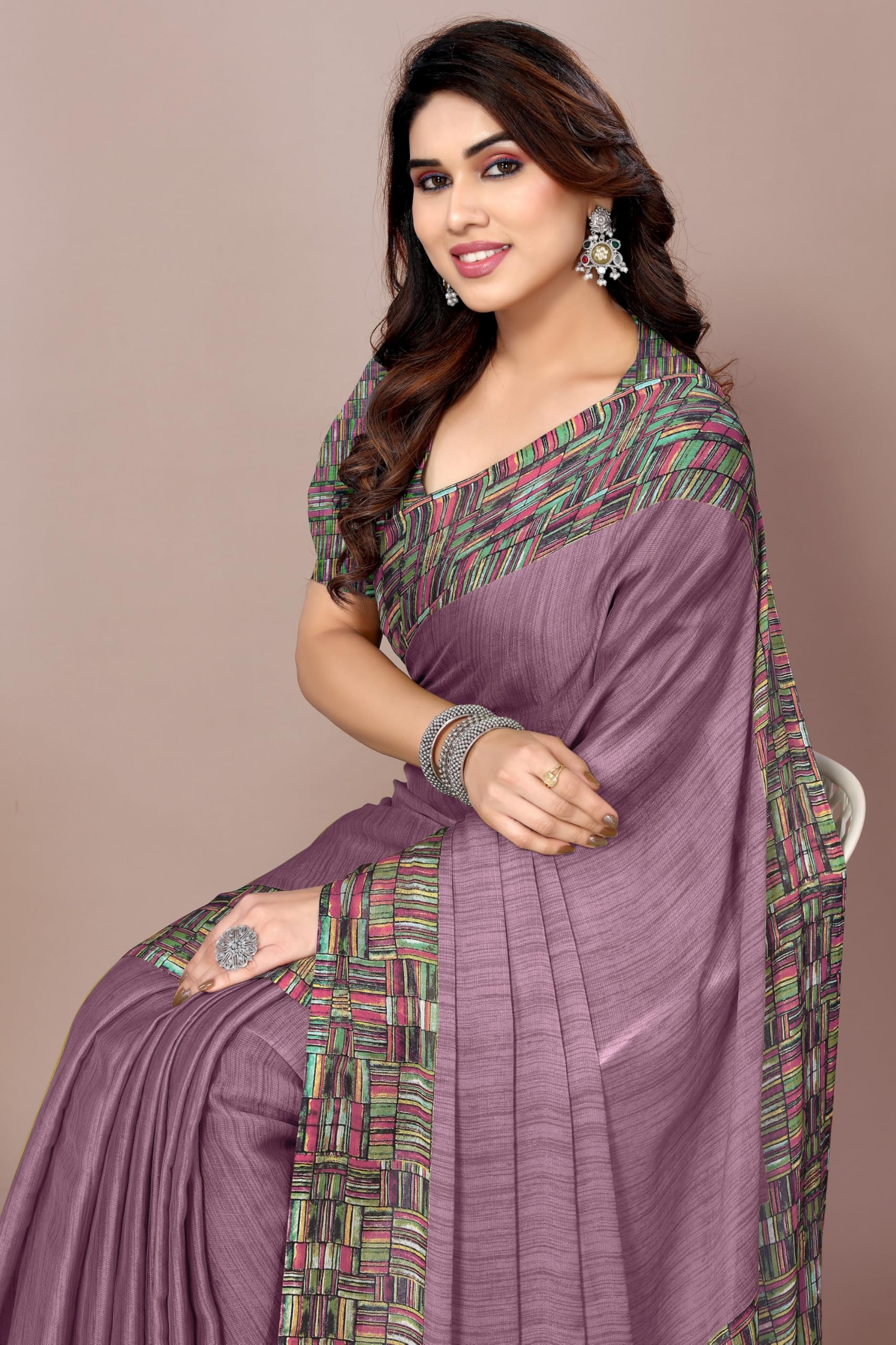 Dusty Purple Chiffon Saree with Abstract Border Print - Image 5