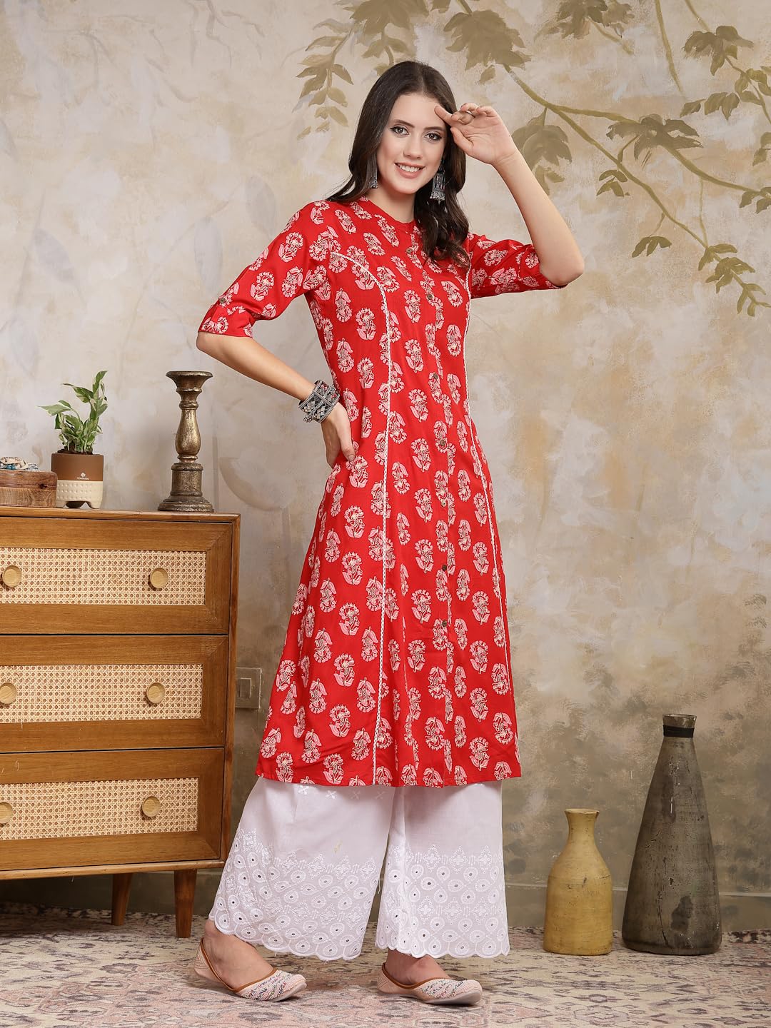 Stylum Women's Floral Printed Rayon A-Line Kurta - Red - Image 3
