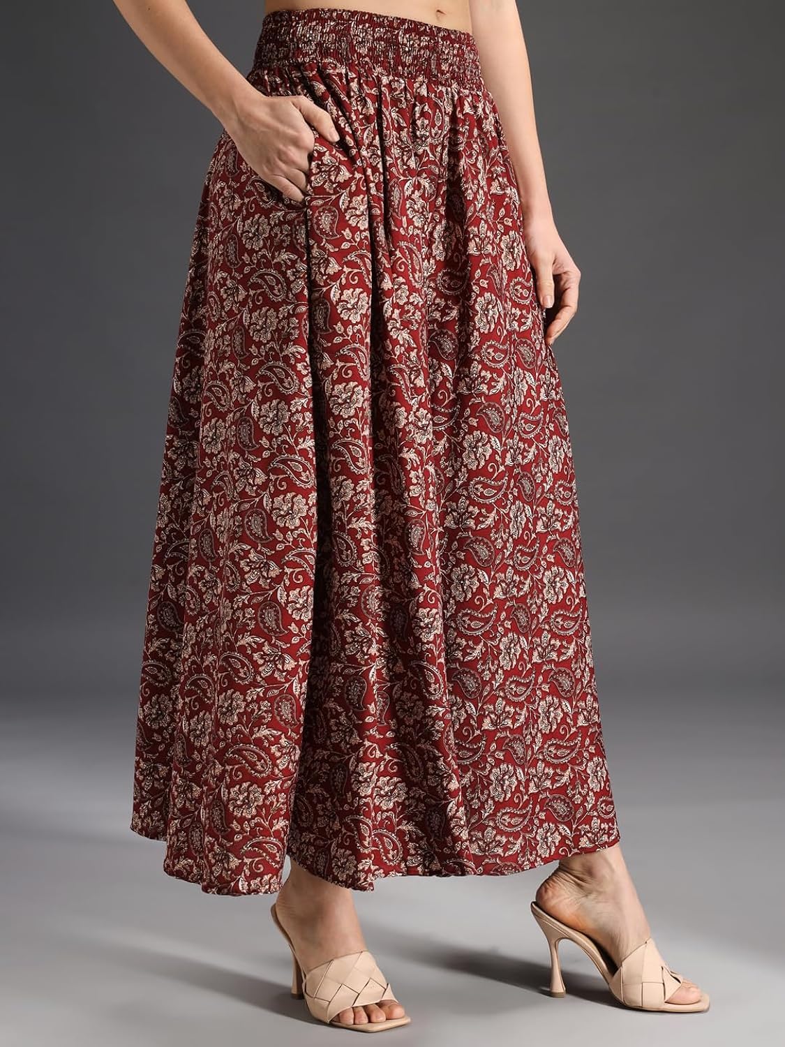 SCUBE DESIGNS Maroon Floral Viscose Crepe Flared Palazzo Pants for Women - Image 4