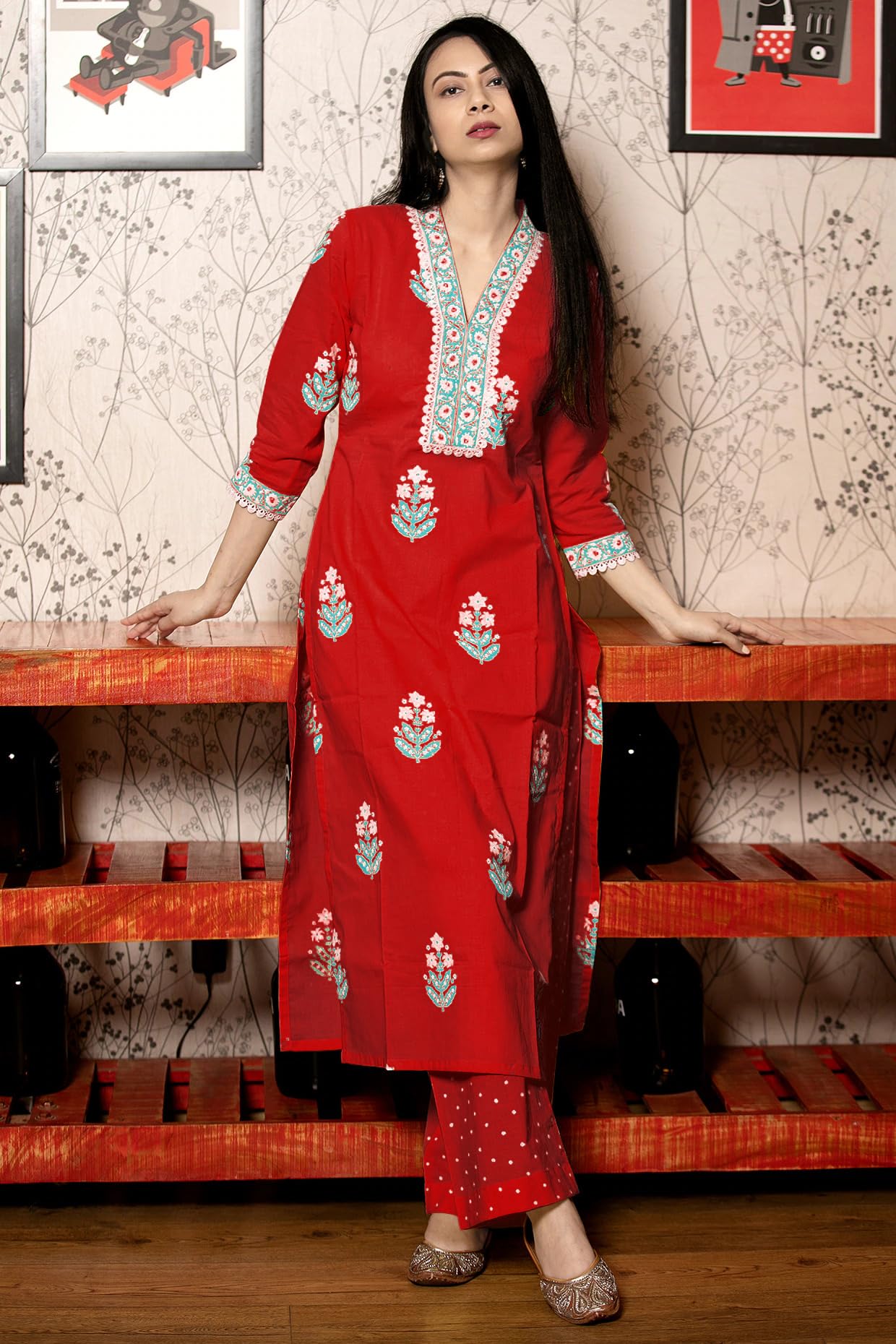 GoSriKi Red Rayon Kurta Set for Women - Image 5