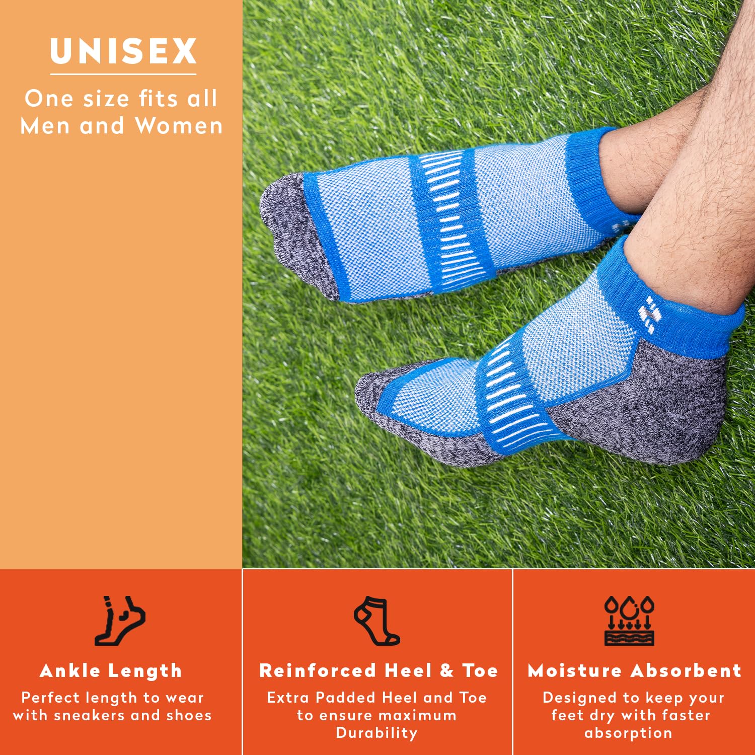 Supersox Unisex Ankle Socks - Orange Grey Royal Blue - Image 4