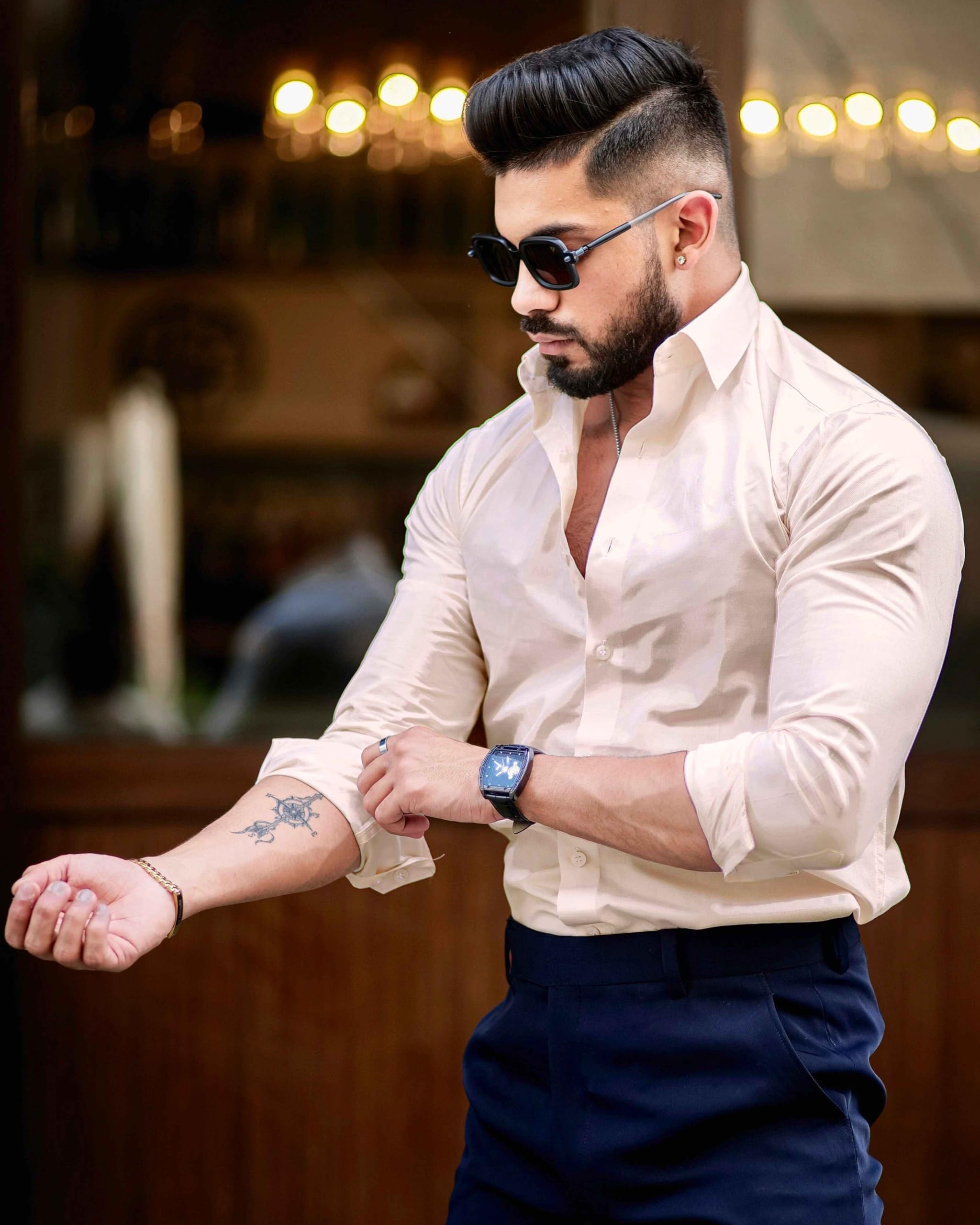 IndoPrimo Men's Cream Satin Casual Shirt - Image 2