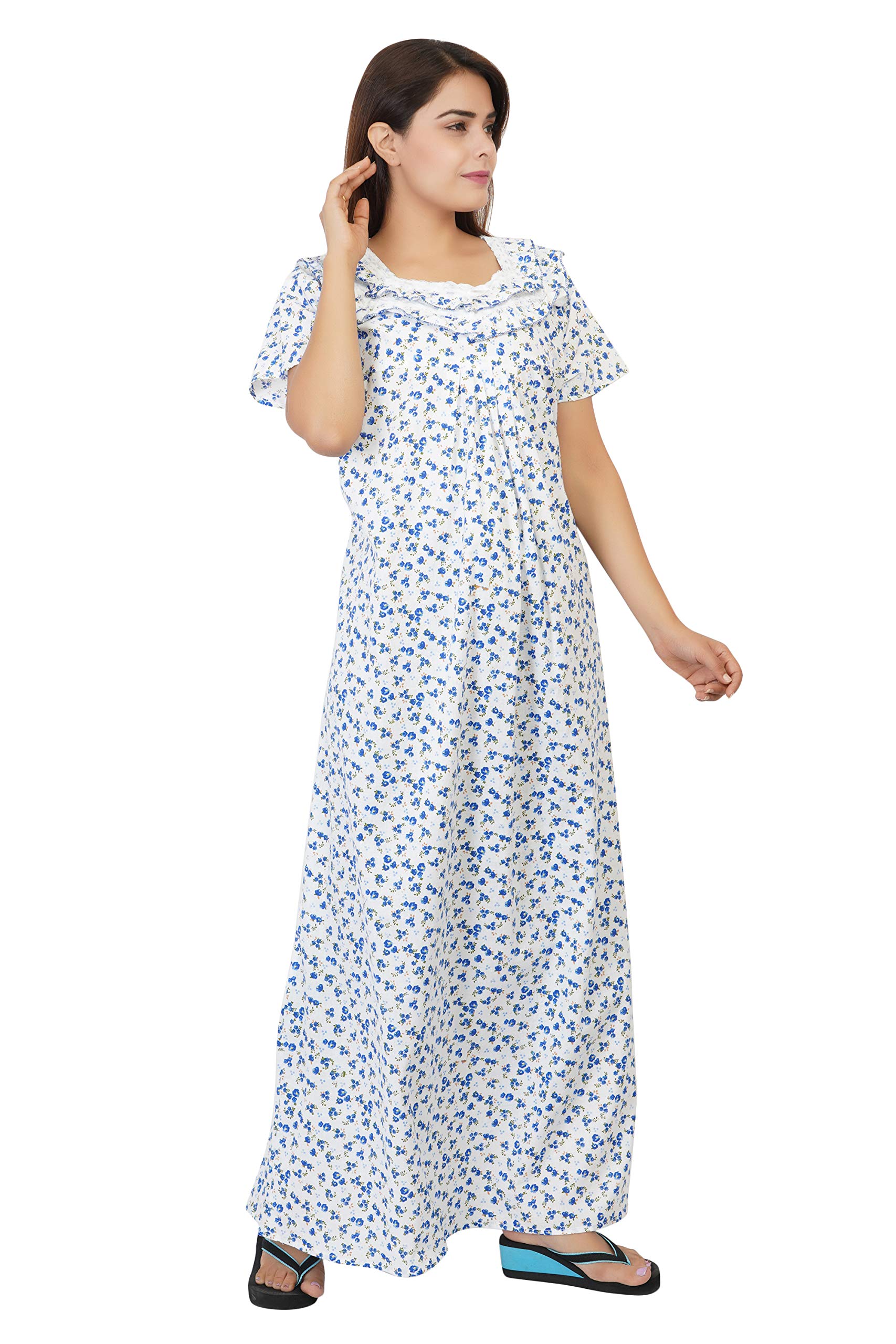 Himanshu Handloom Cotton Block Print Maxi Nighty for Women - Cherry Blue - Image 3