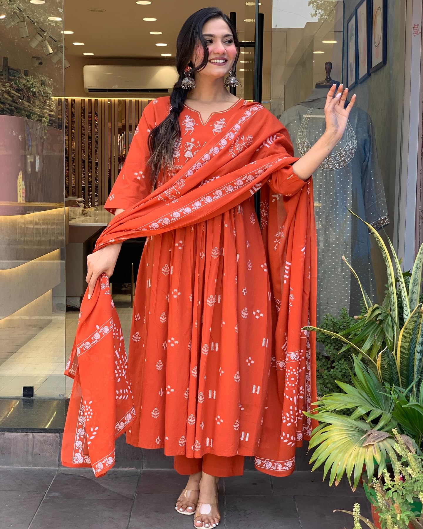 GoSriKi Women's Anarkali Kurta with Pant & Dupatta - Orange - Image 5