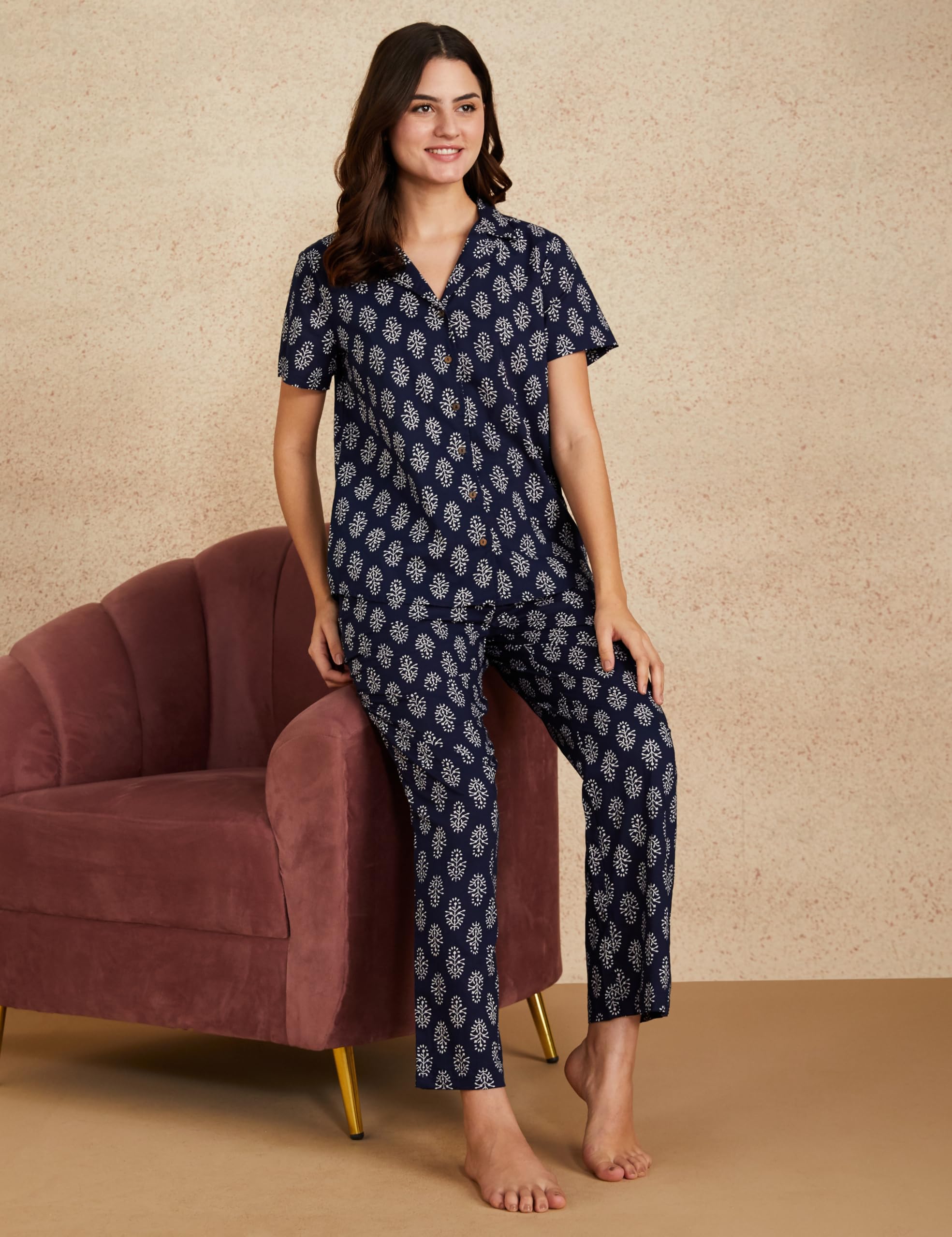 Myx Women's Cotton Shirt and Pajama Night Suit - Navy - Image 3