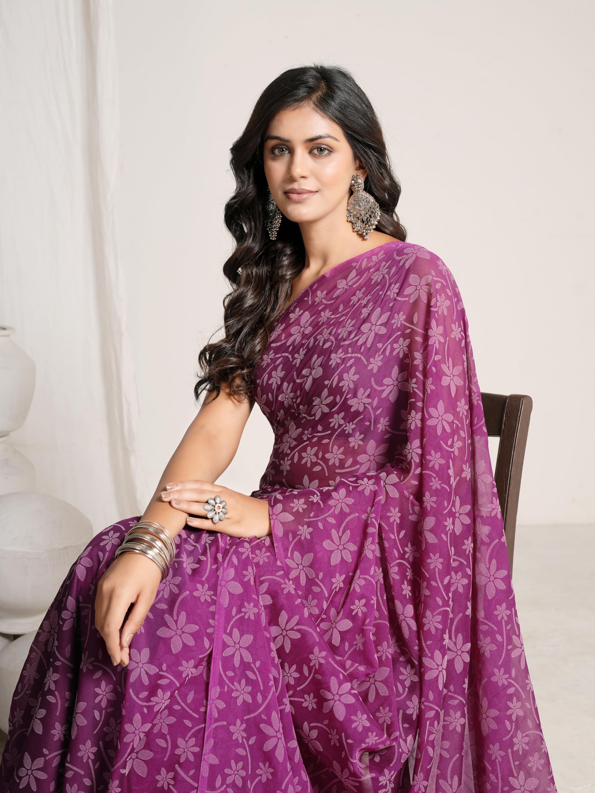 Garden Vareli Chiffon Viscose Floral Saree - Magenta - Image 4