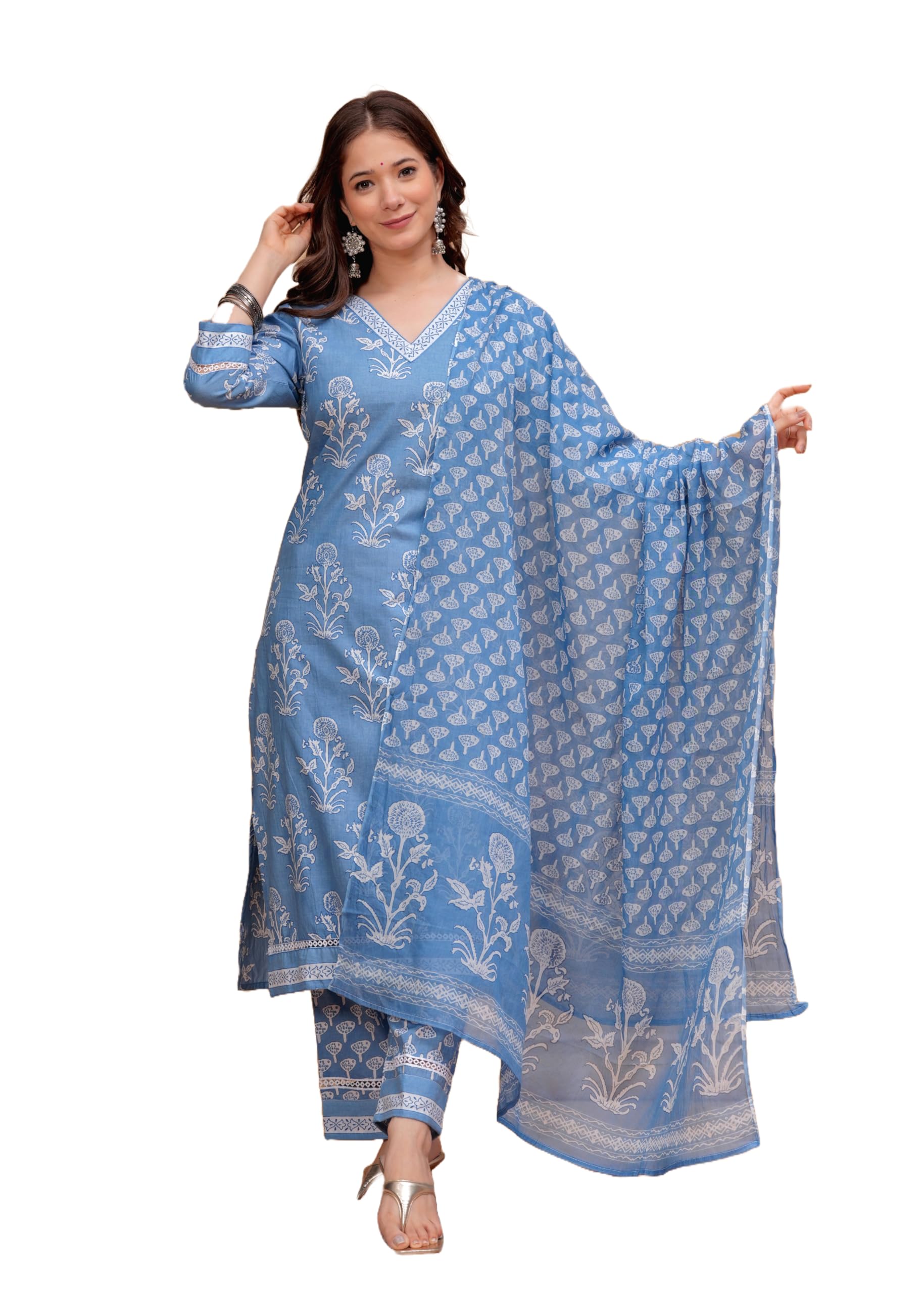 MEERA FAB Women's Cotton Blend Kurta with Palazzo & Dupatta - Blue
