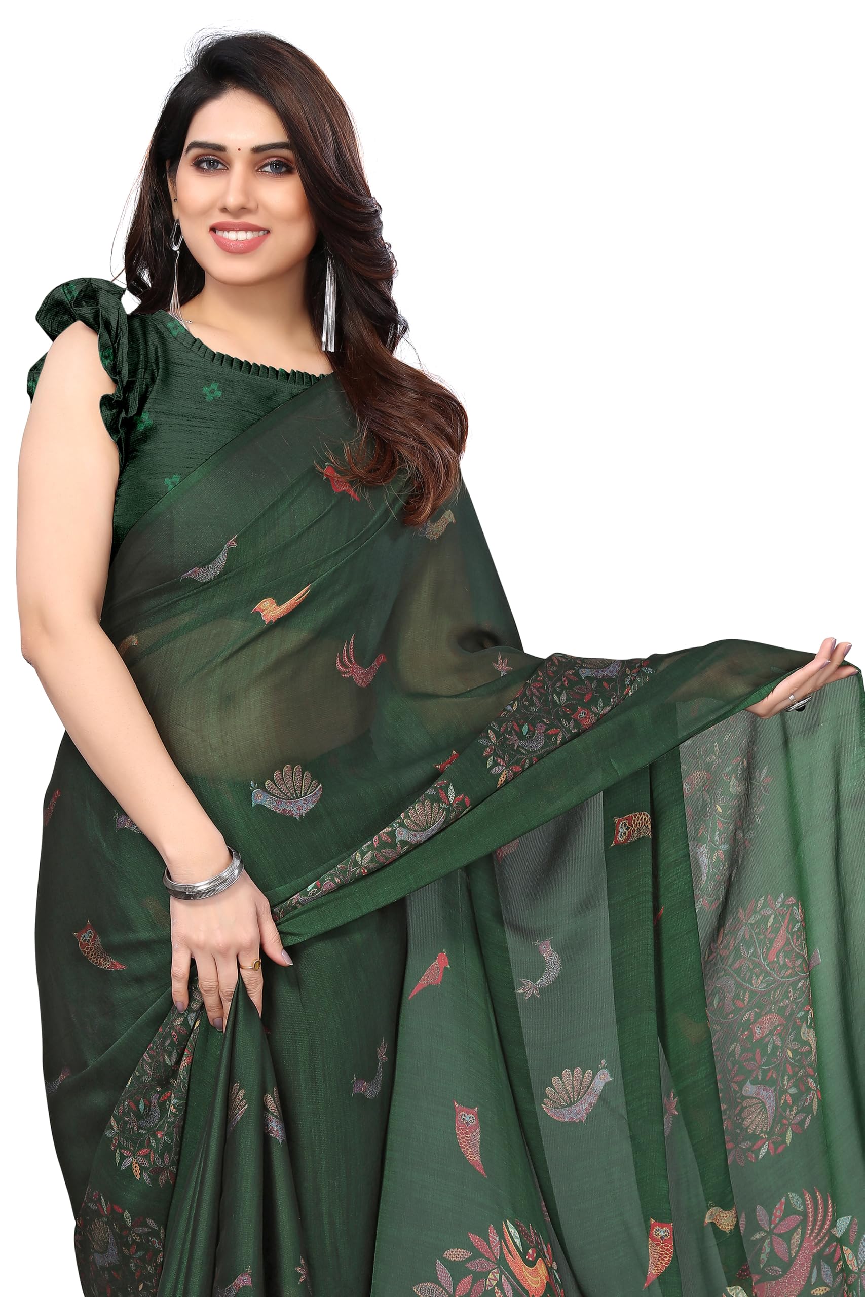 MIRCHI FASHION Green Madhubani Printed Chiffon Saree for Women