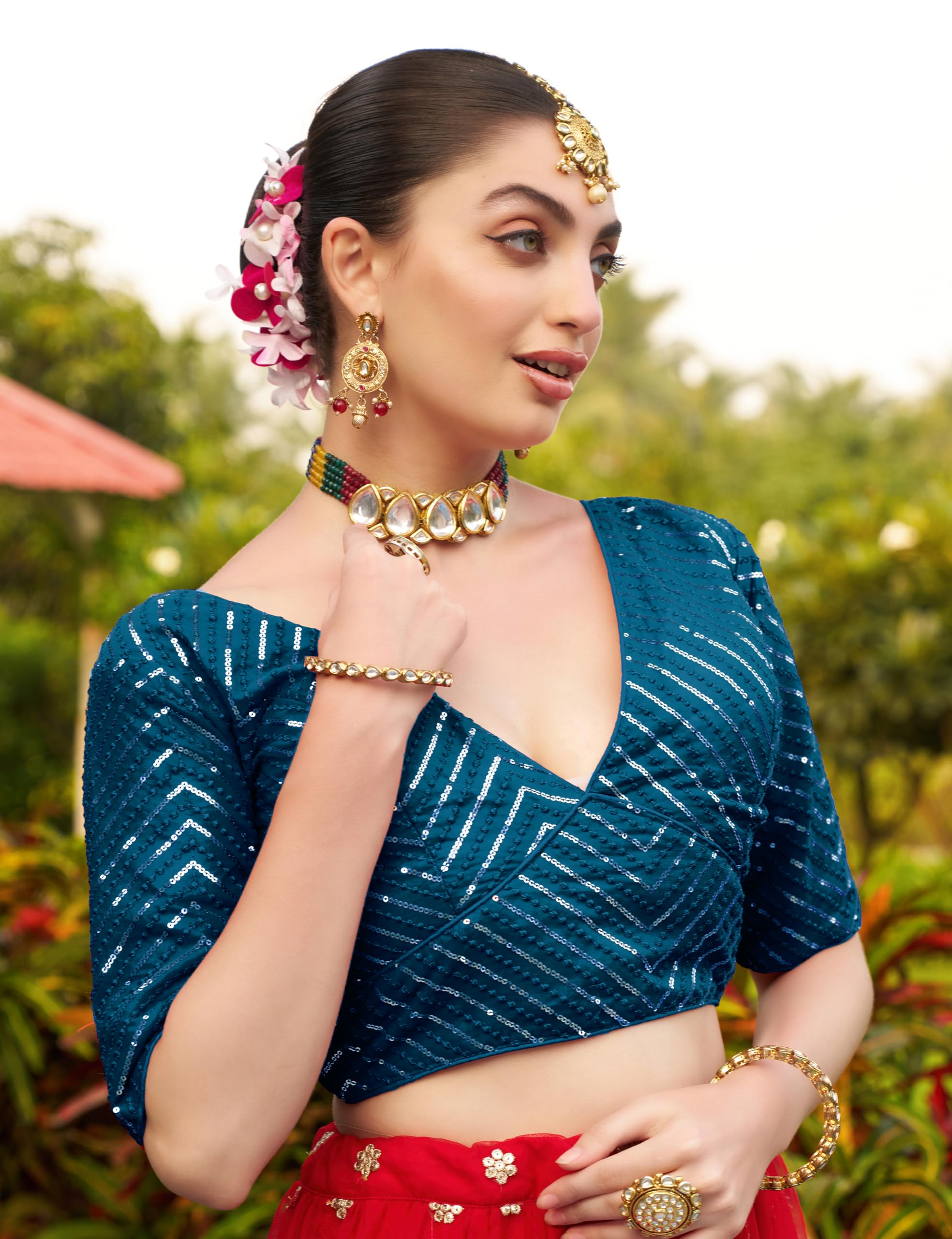 Pujia Mills Womens Sequins Saree Blouse - Morpeach - Image 5