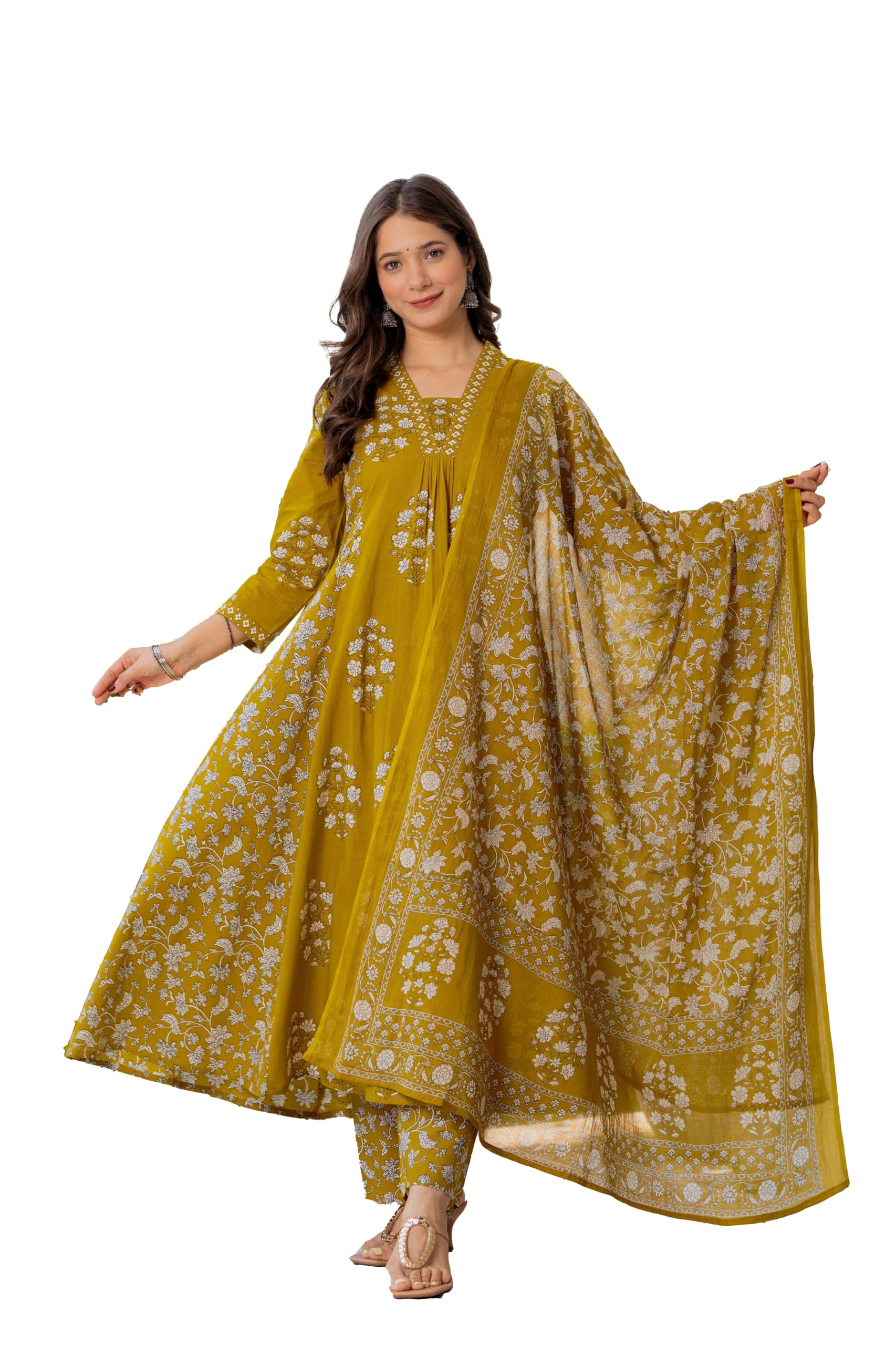 PARTHVI Yellow Cotton Block Printed Anarkali Kurta Set