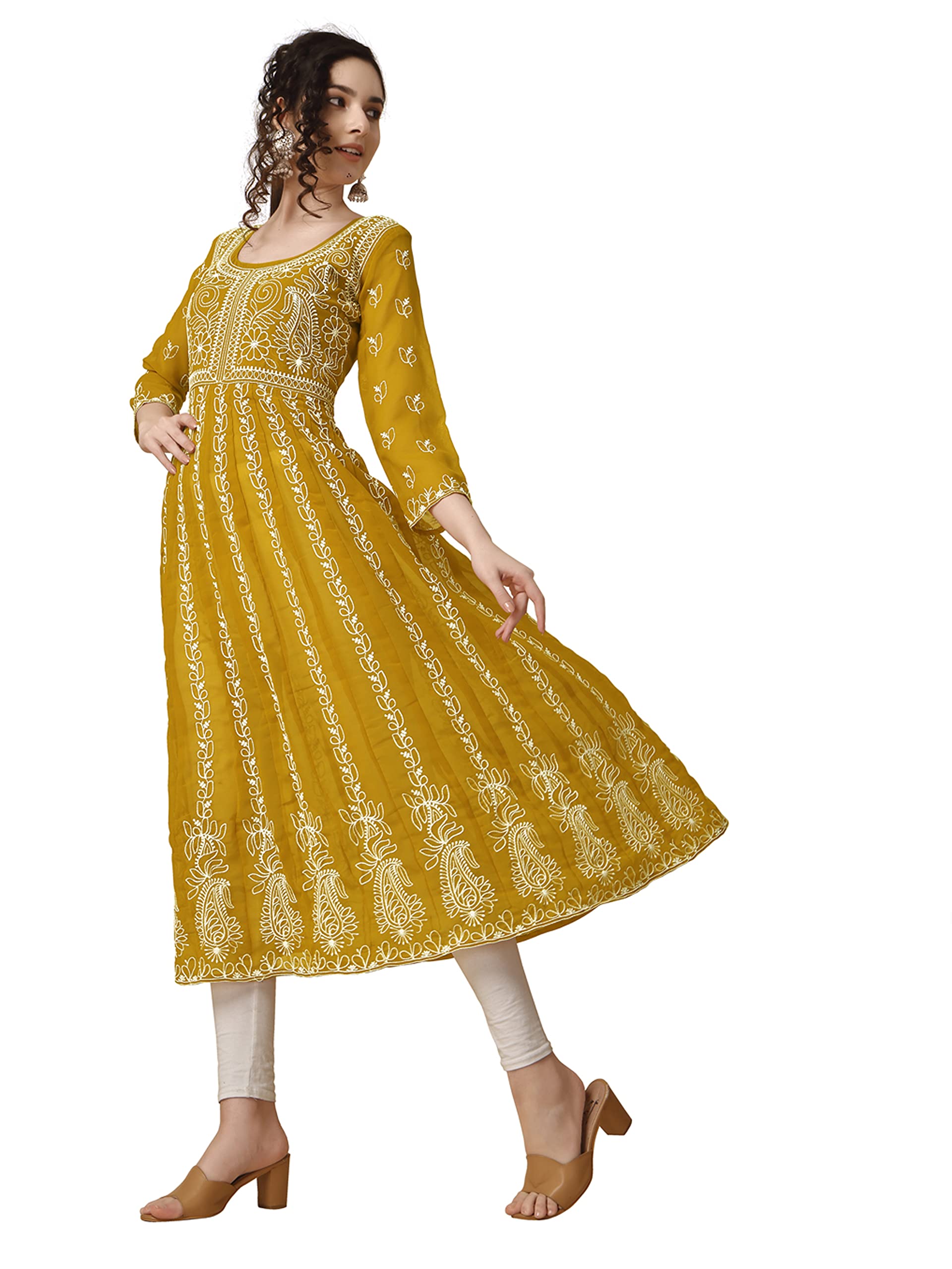 EthnicJunction Women Georgette Chikankari Embroidered Anarkali Kurta - Mustard - Image 2