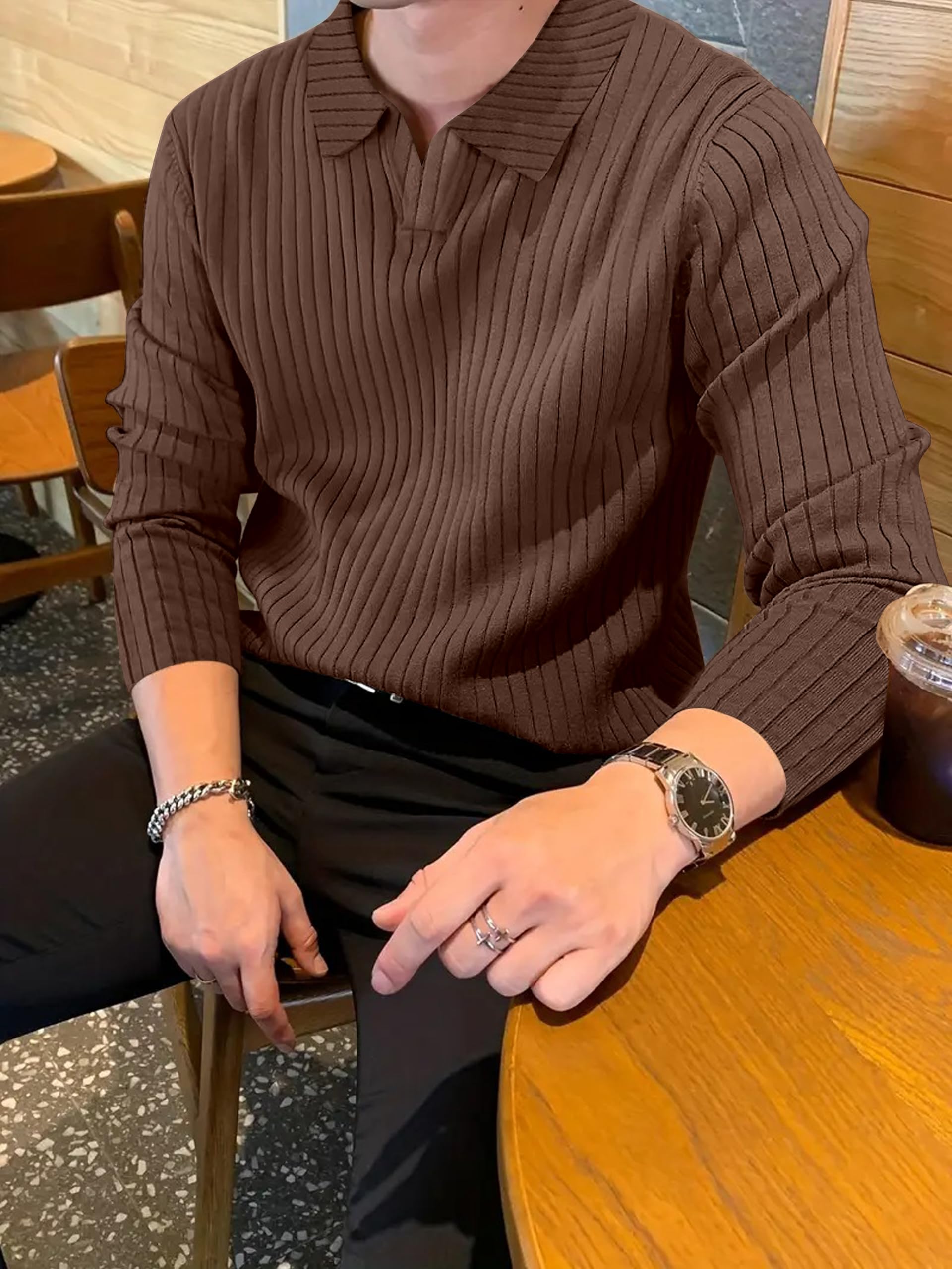 KAJARU Men's Coffee Ribbed Knit Polo T-Shirt - Image 2